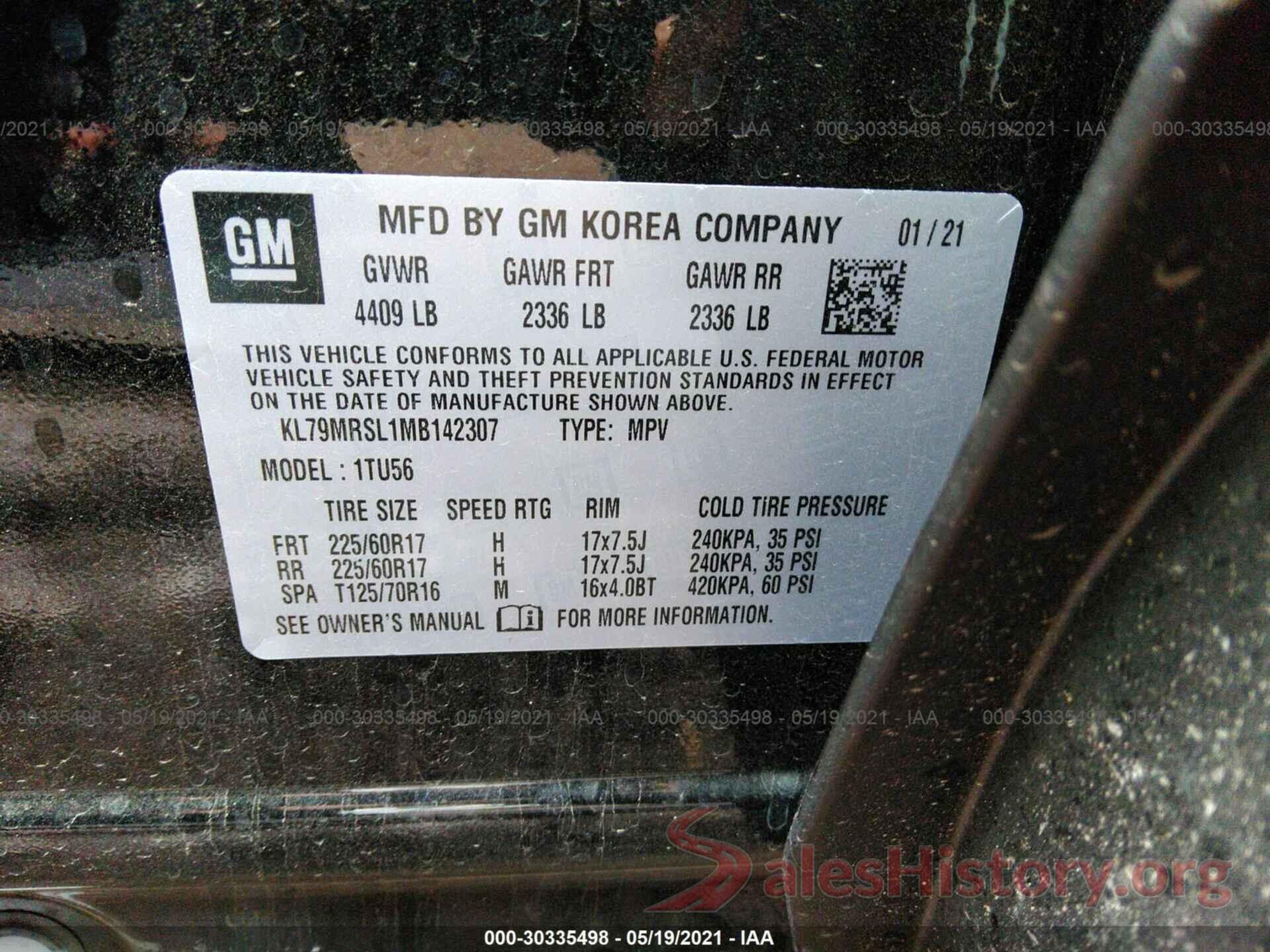 KL79MRSL1MB142307 2021 CHEVROLET TRAILBLAZER