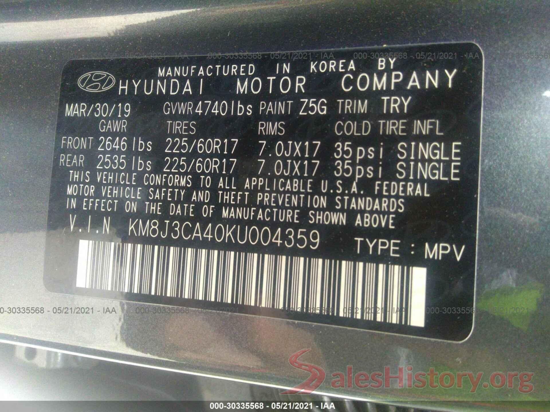 KM8J3CA40KU004359 2019 HYUNDAI TUCSON