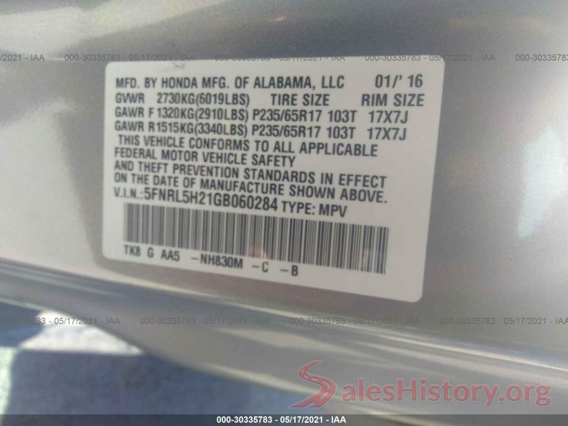 5FNRL5H21GB060284 2016 HONDA ODYSSEY