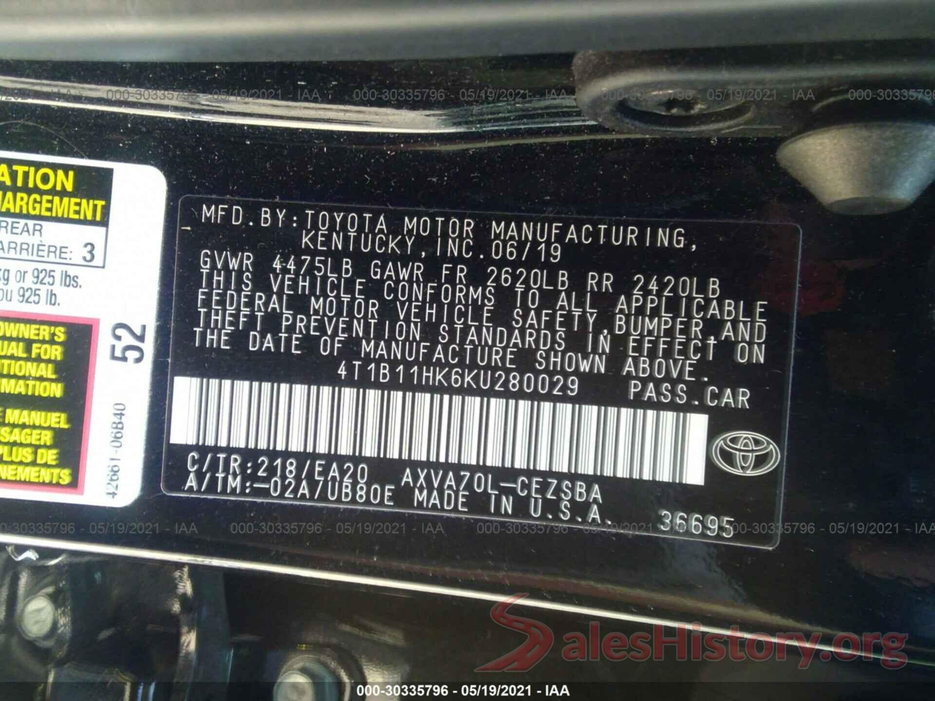 4T1B11HK6KU280029 2019 TOYOTA CAMRY