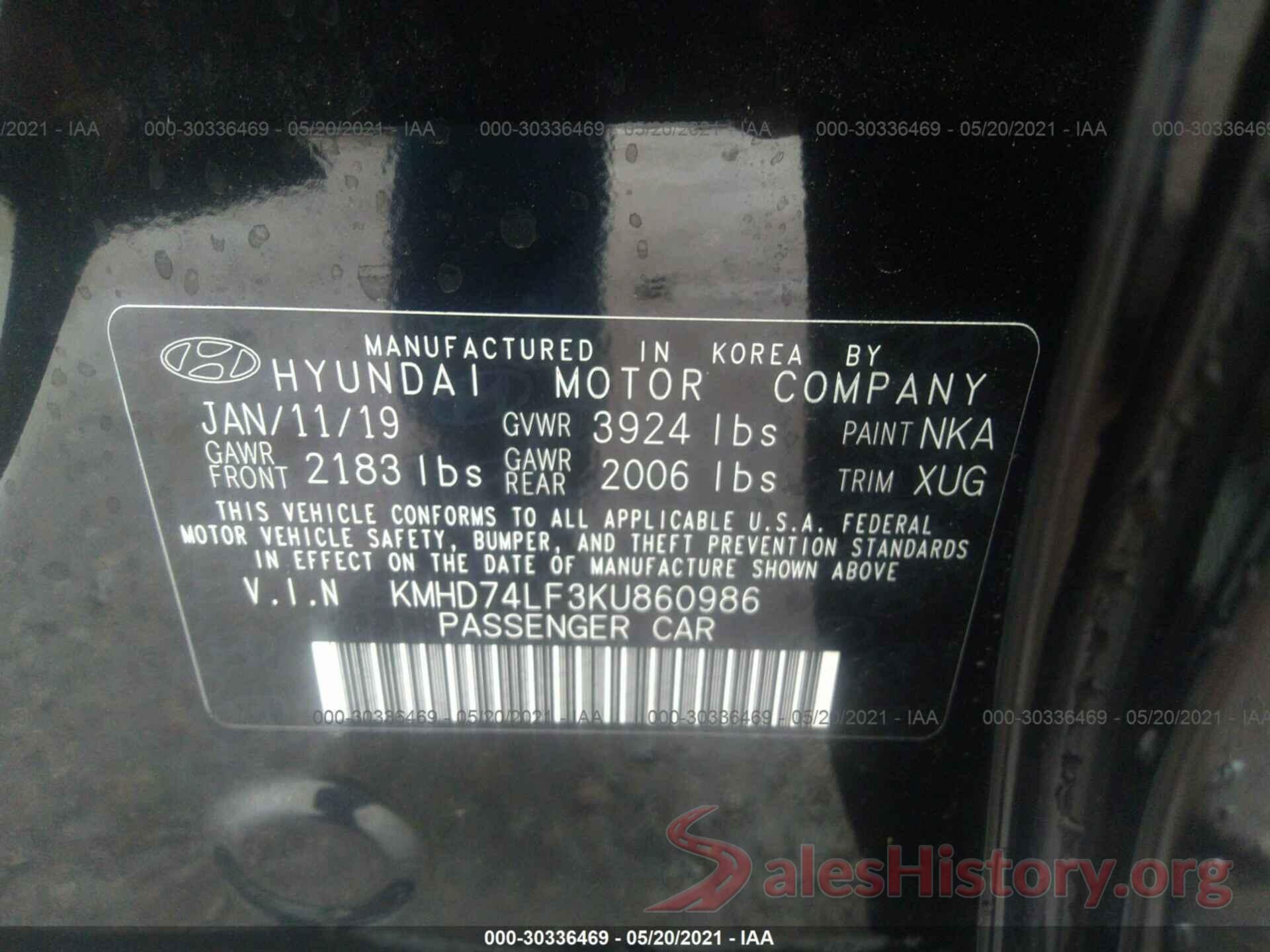 KMHD74LF3KU860986 2019 HYUNDAI ELANTRA