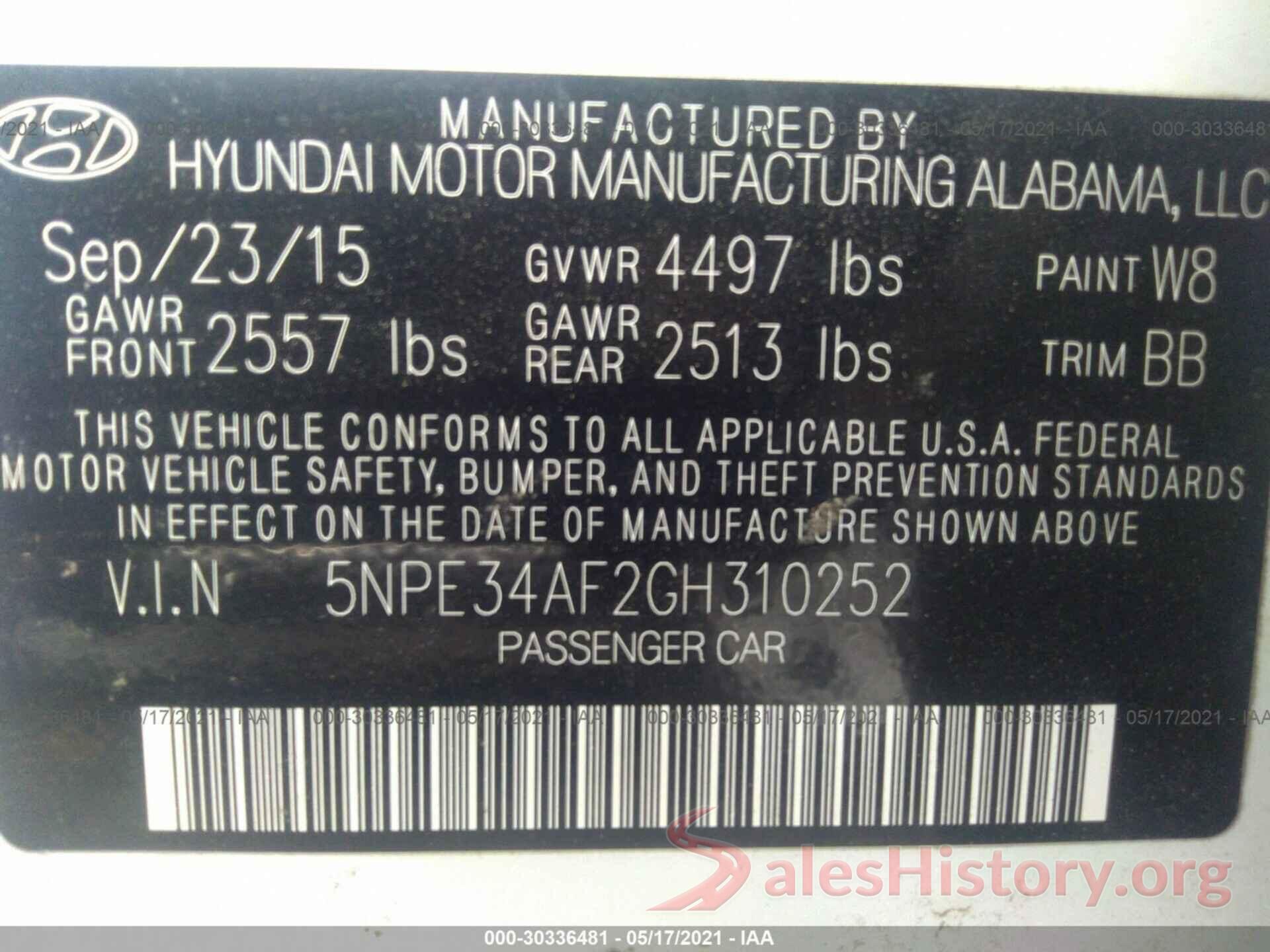 5NPE34AF2GH310252 2016 HYUNDAI SONATA