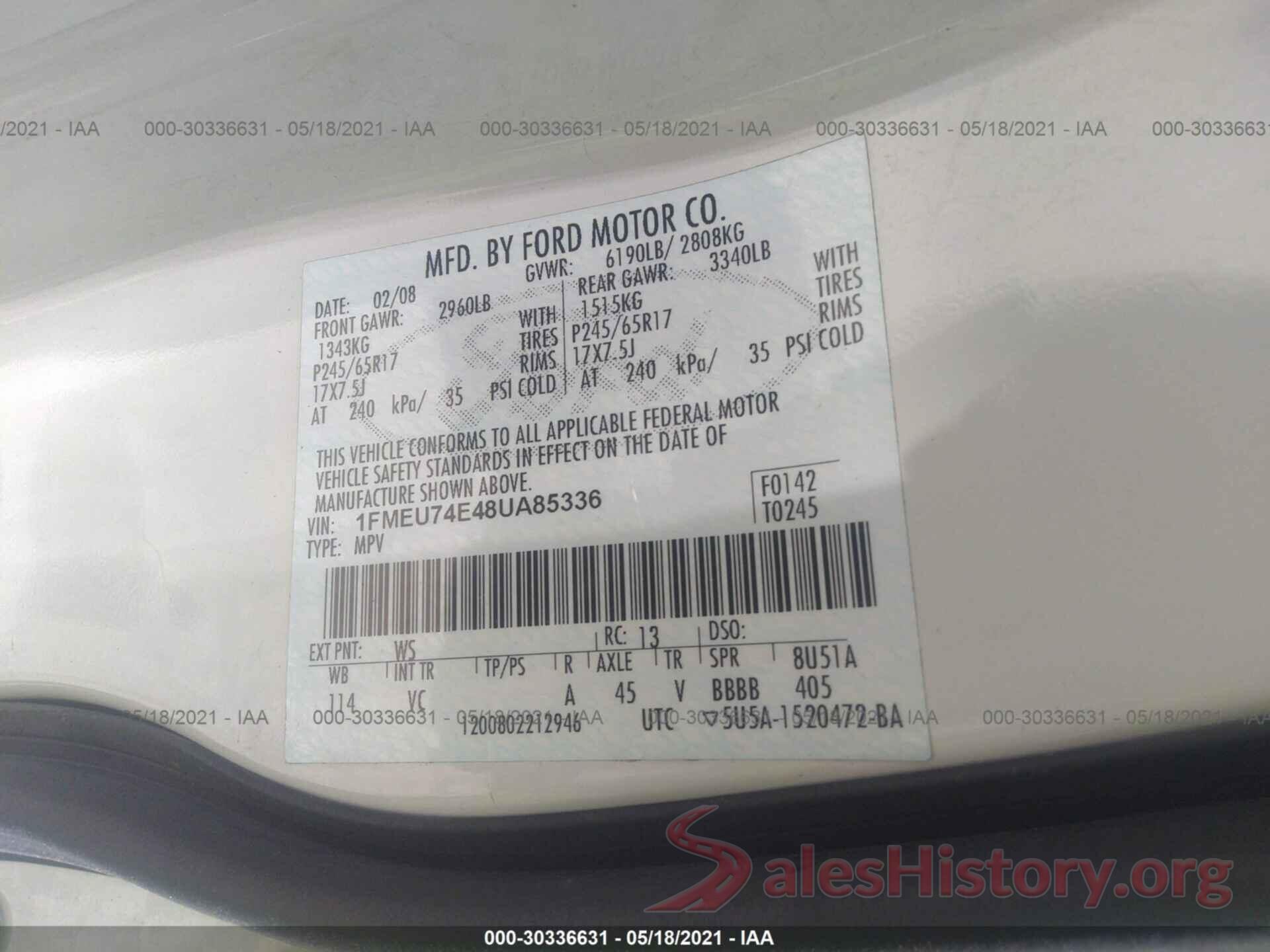 KNDJN2A23K7002417 2008 FORD EXPLORER