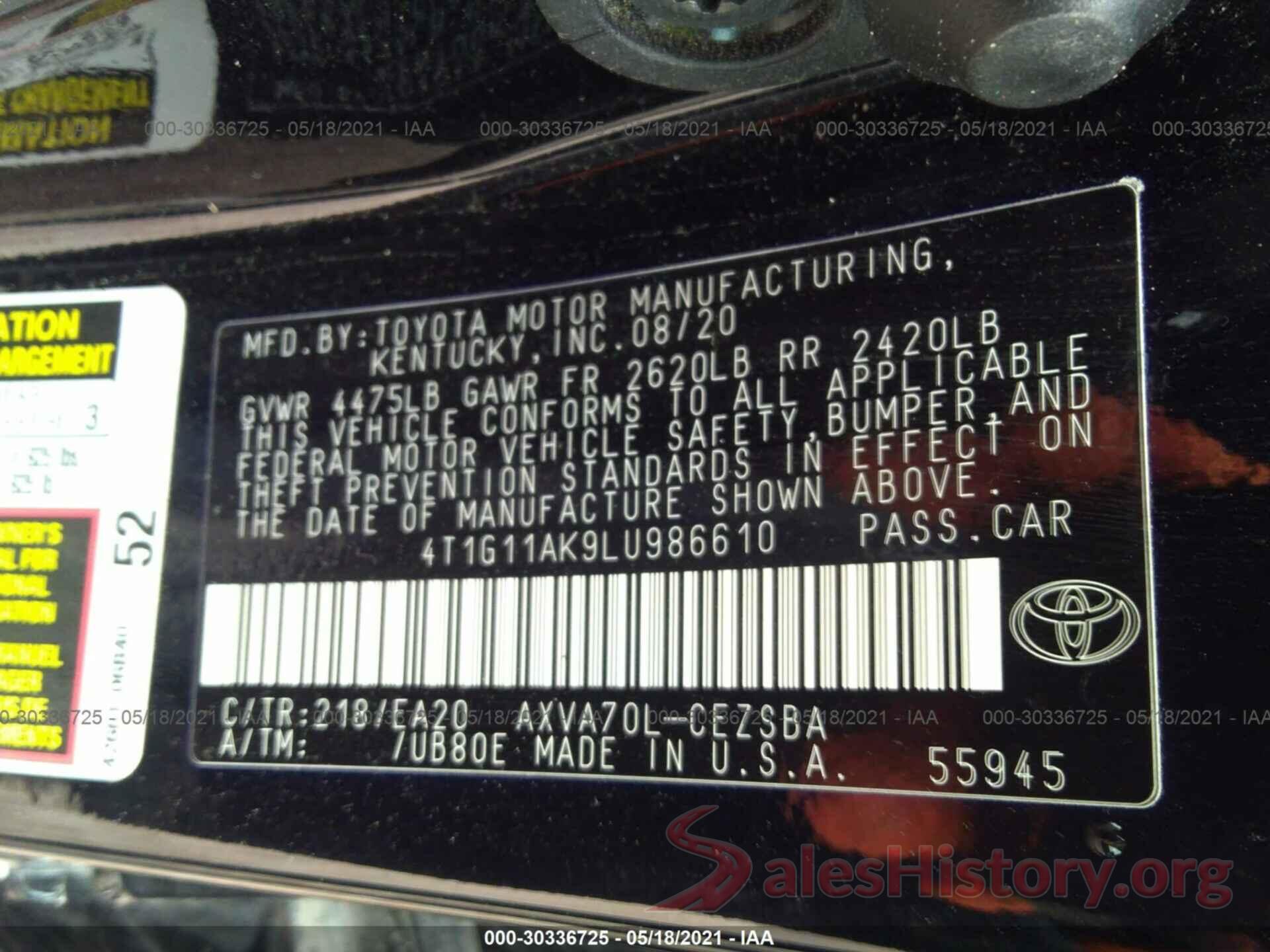 4T1G11AK9LU986610 2020 TOYOTA CAMRY