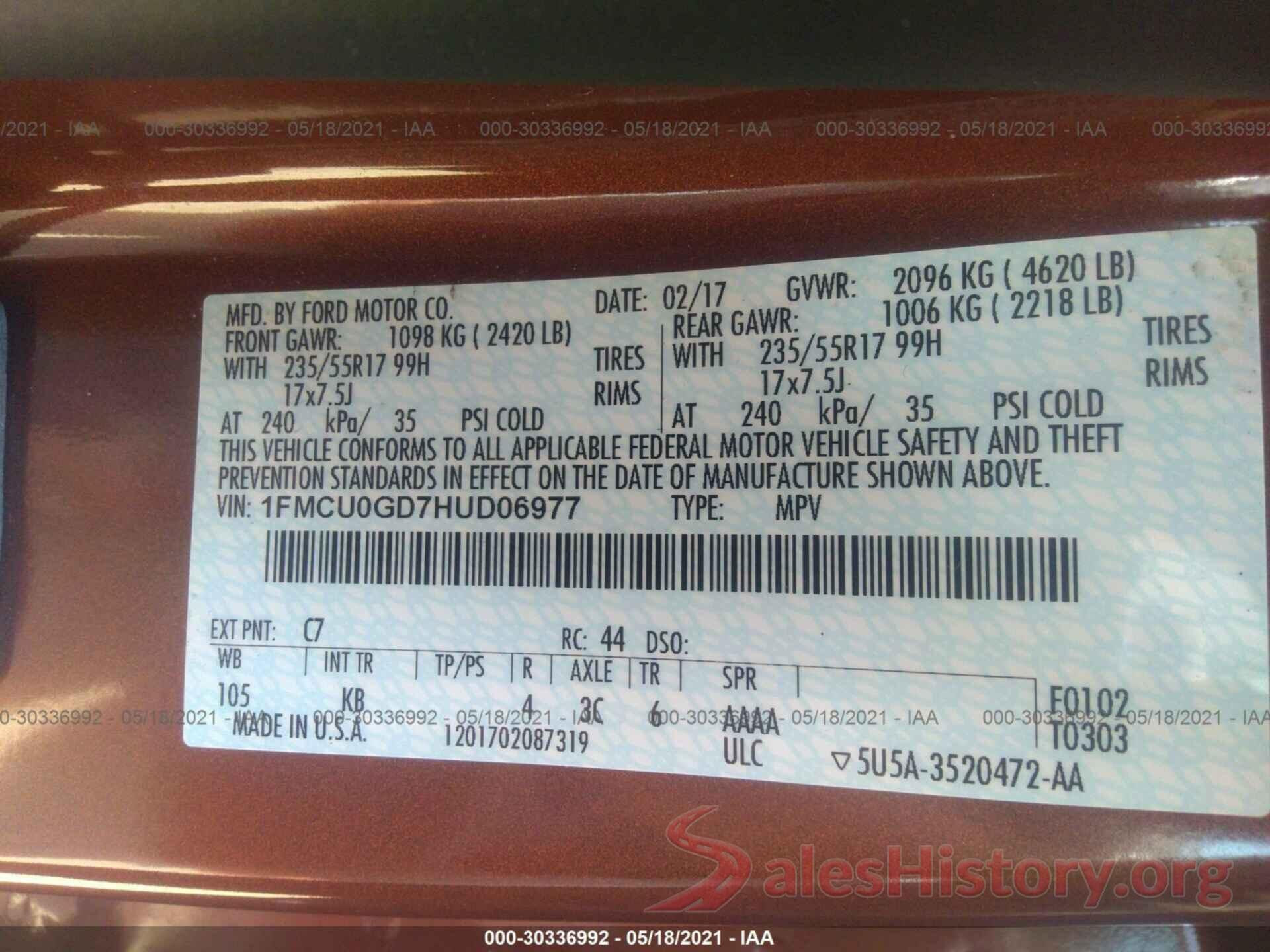 1FMCU0GD7HUD06977 2017 FORD ESCAPE