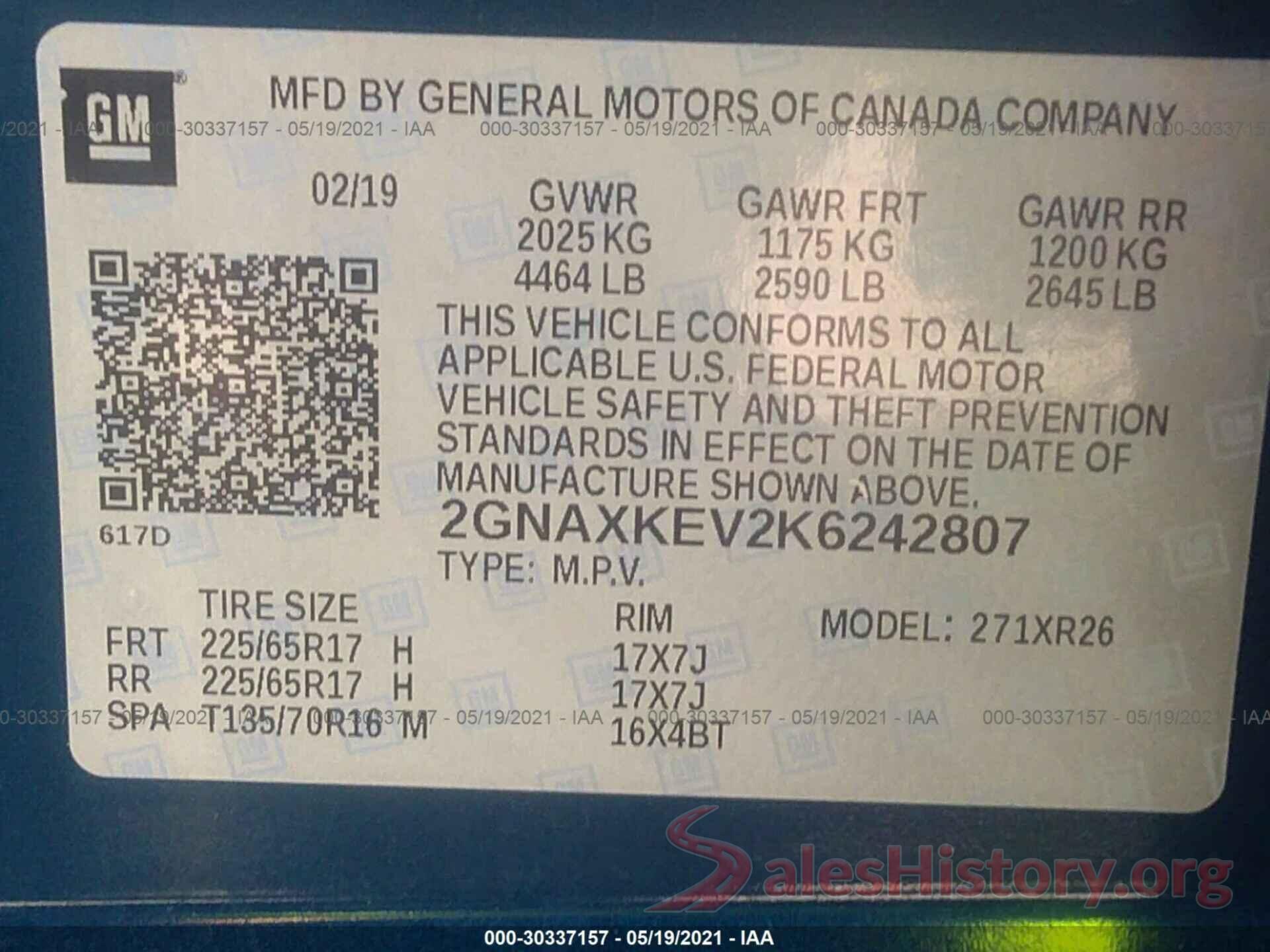 2GNAXKEV2K6242807 2019 CHEVROLET EQUINOX