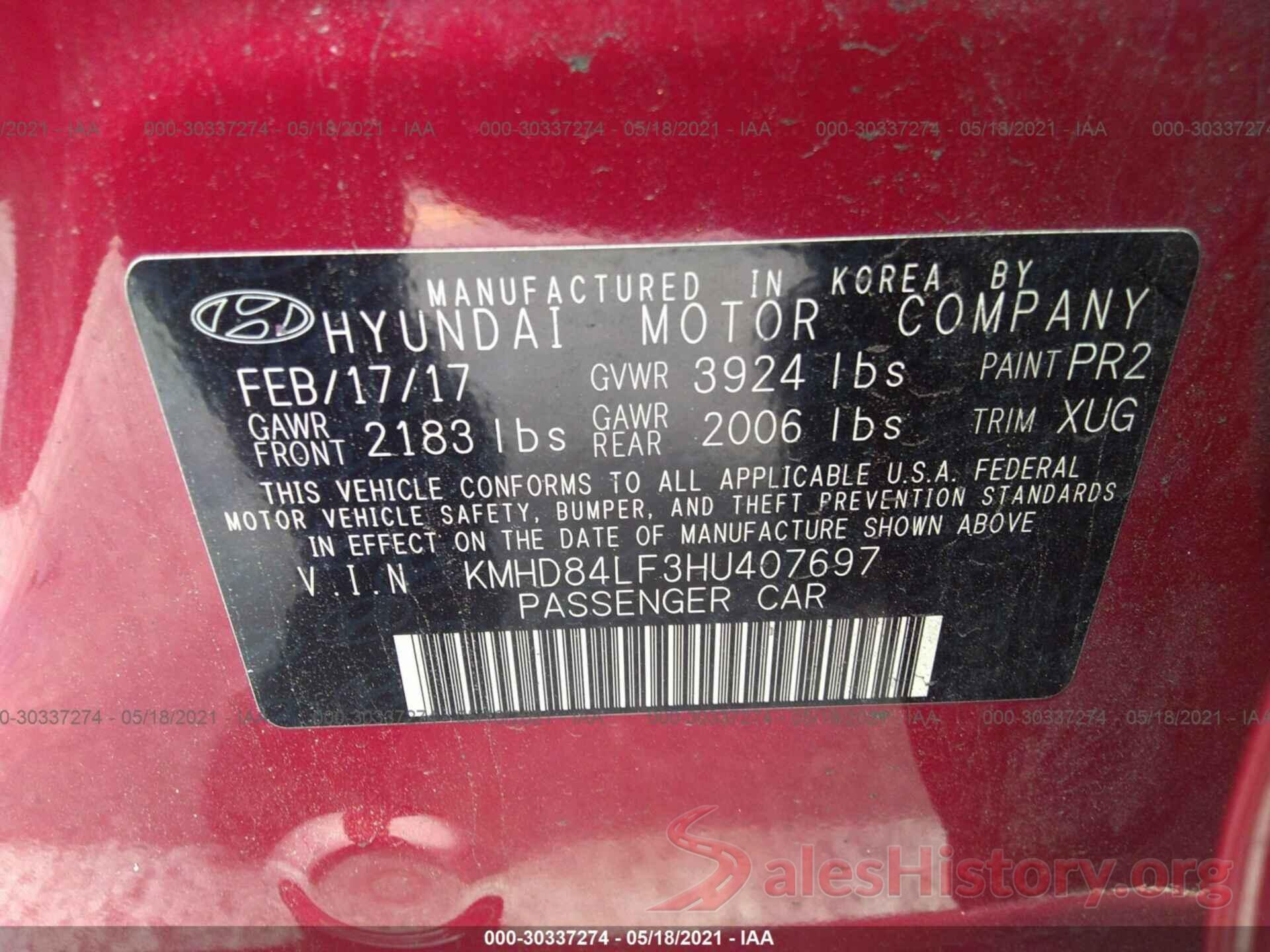 KMHD84LF3HU407697 2017 HYUNDAI ELANTRA