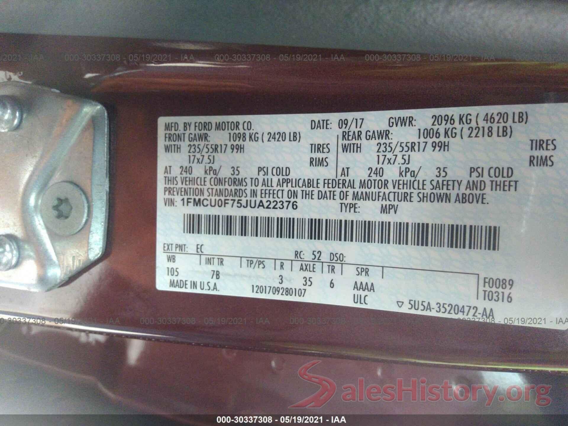 1FMCU0F75JUA22376 2018 FORD ESCAPE