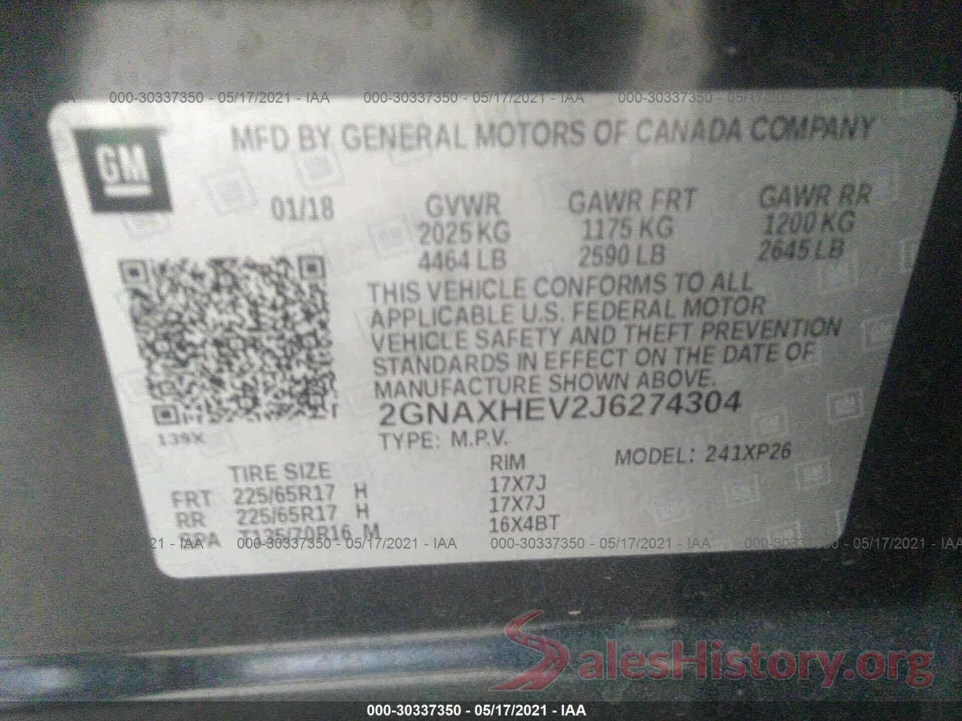 2GNAXHEV2J6274304 2018 CHEVROLET EQUINOX