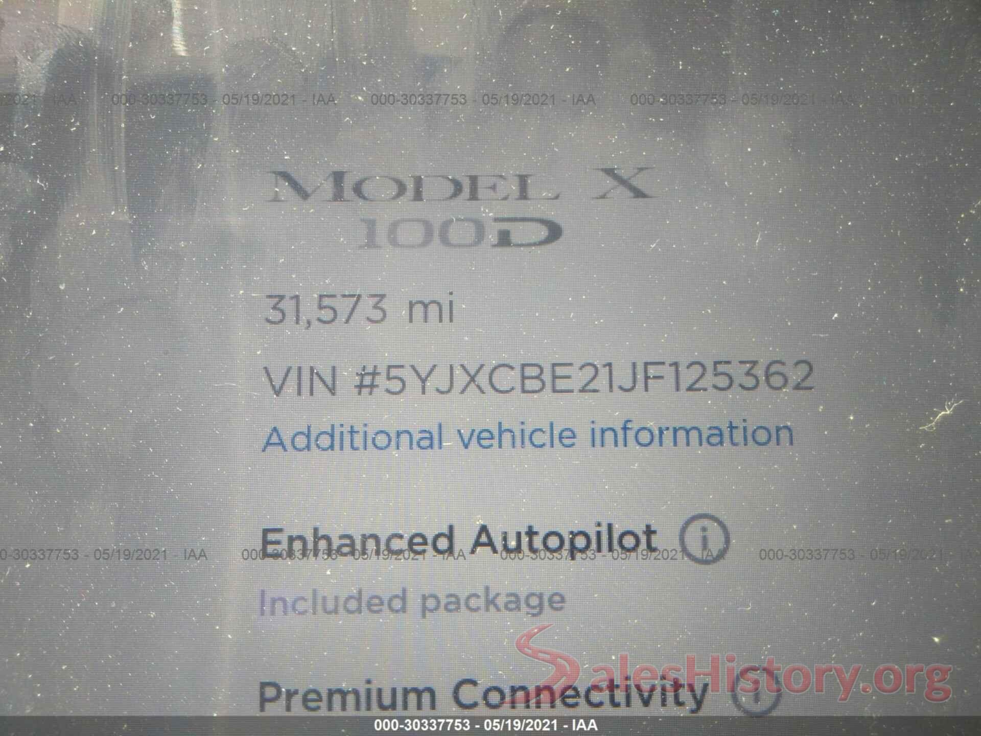 5YJXCBE21JF125362 2018 TESLA MODEL X