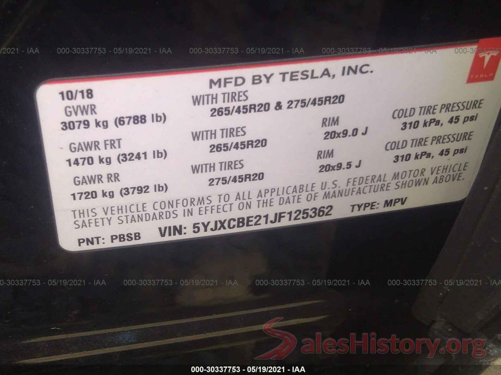 5YJXCBE21JF125362 2018 TESLA MODEL X