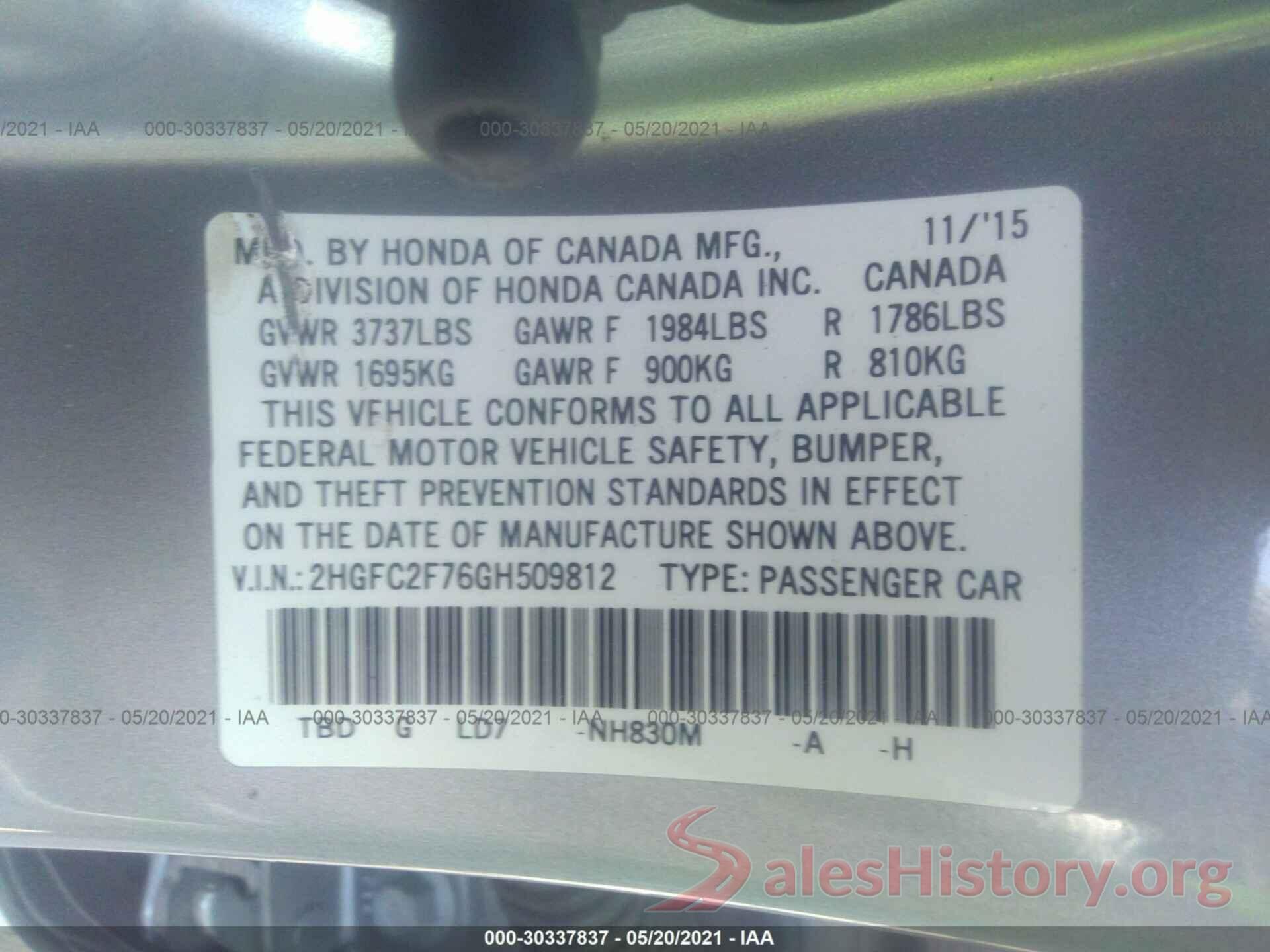 2HGFC2F76GH509812 2016 HONDA CIVIC SEDAN