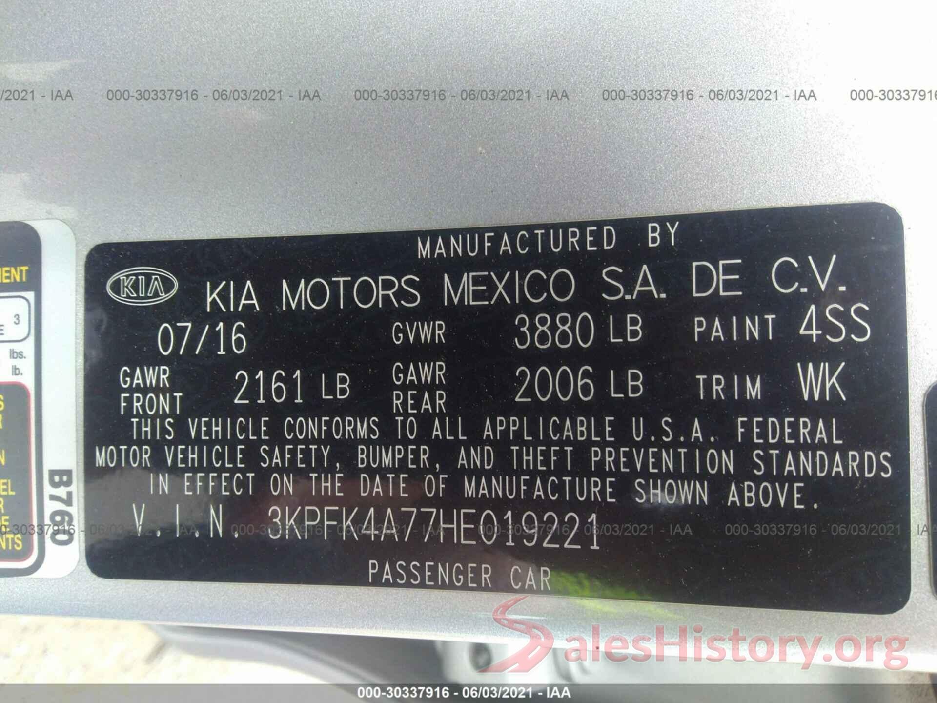 3KPFK4A77HE019221 2017 KIA FORTE