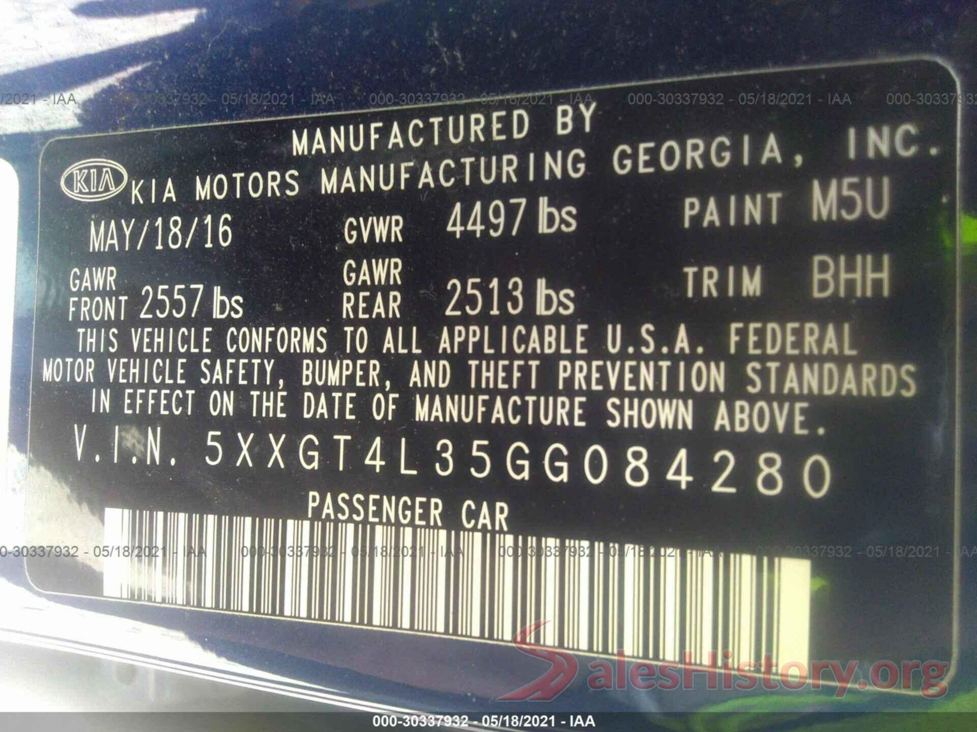 5XXGT4L35GG084280 2016 KIA OPTIMA