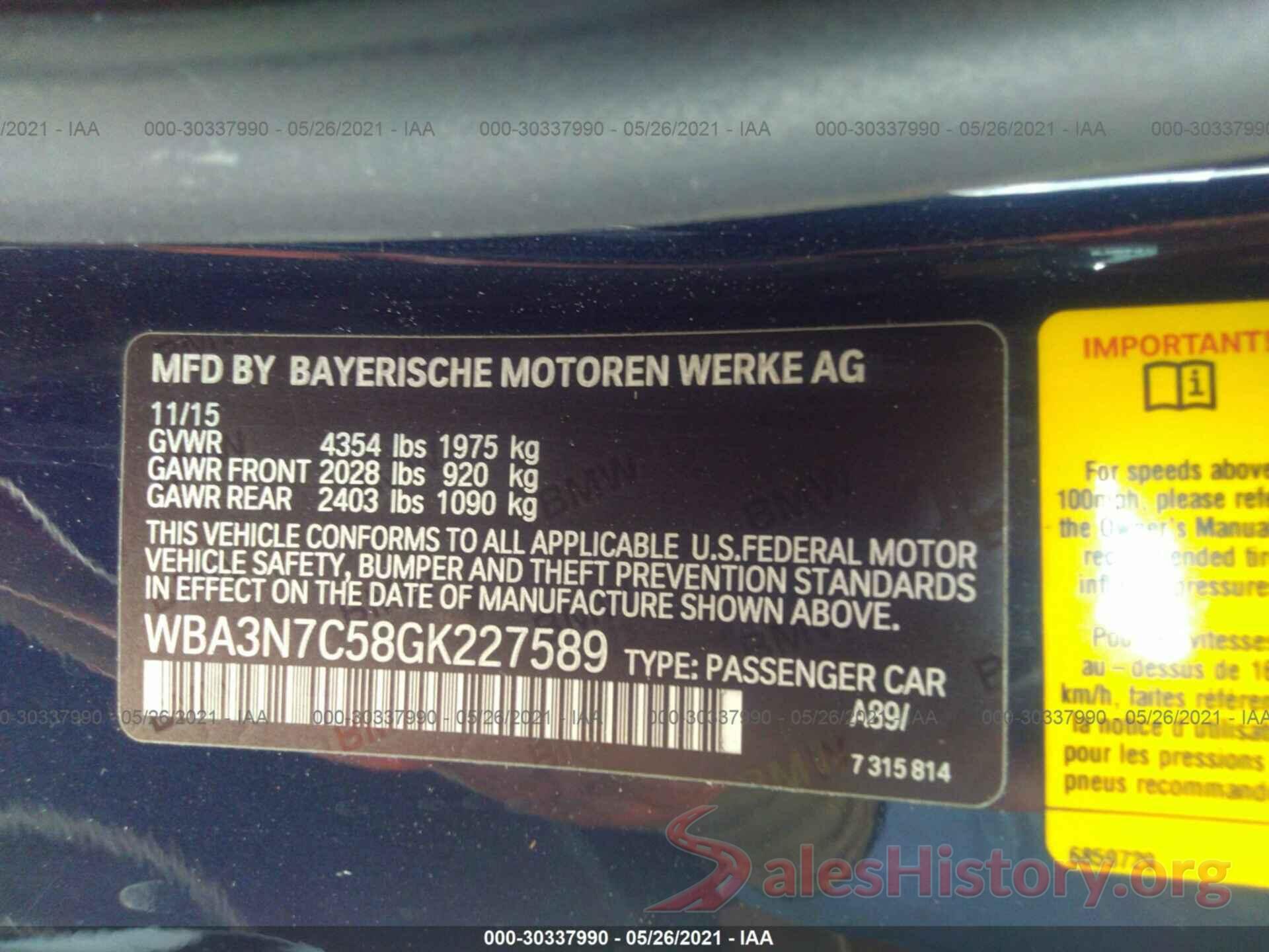 WBA3N7C58GK227589 2016 BMW 4 SERIES