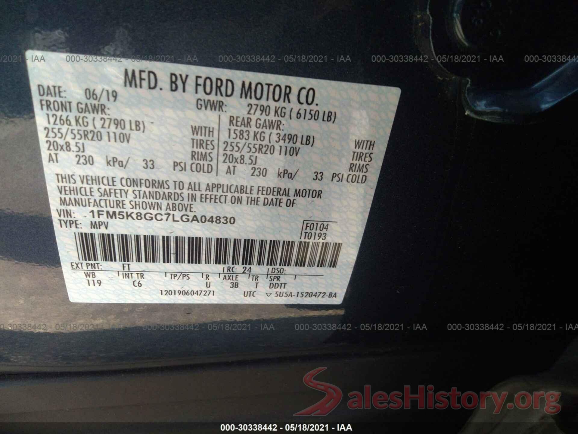 1FM5K8GC7LGA04830 2020 FORD EXPLORER