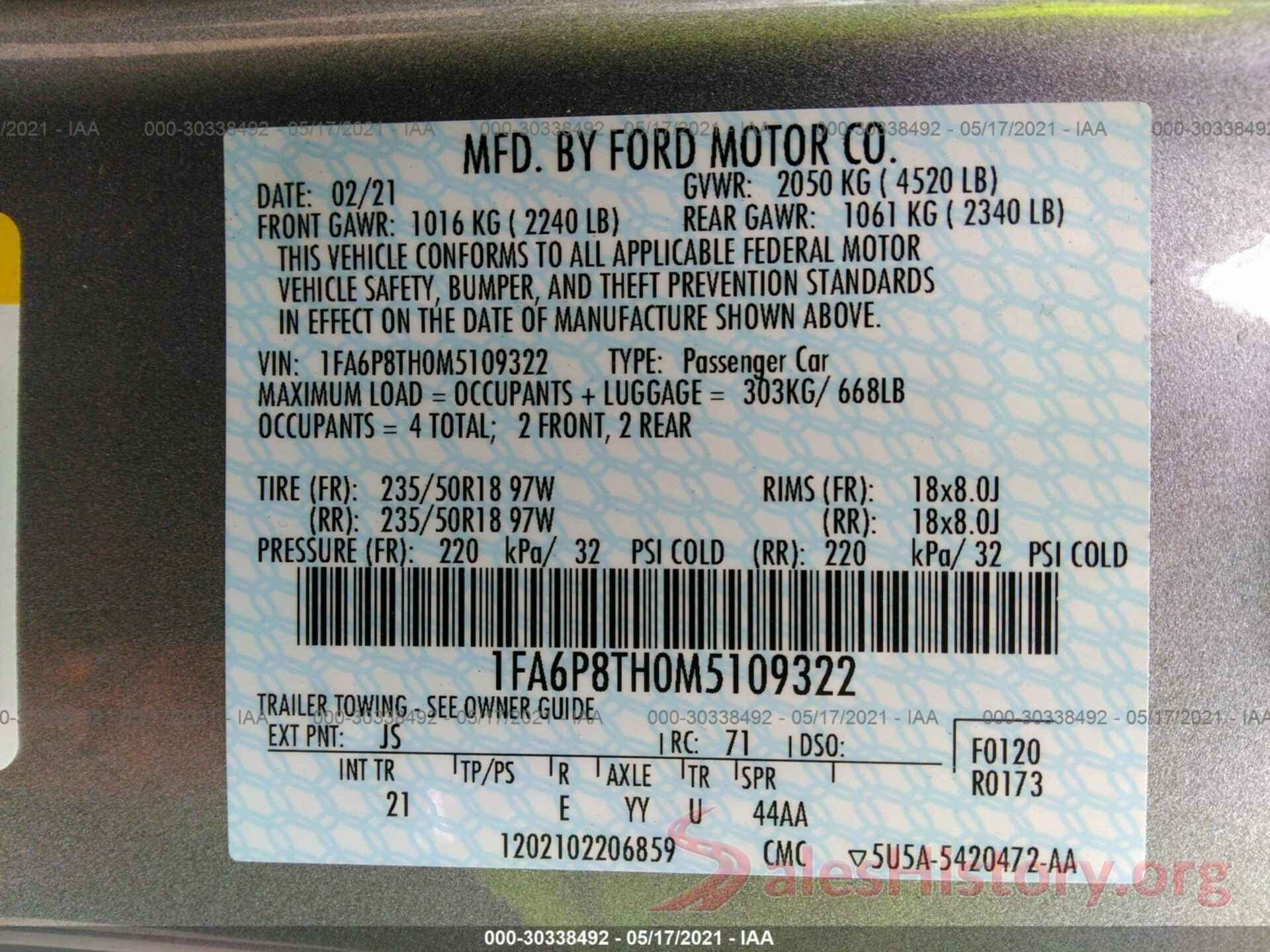 1FA6P8TH0M5109322 2021 FORD MUSTANG