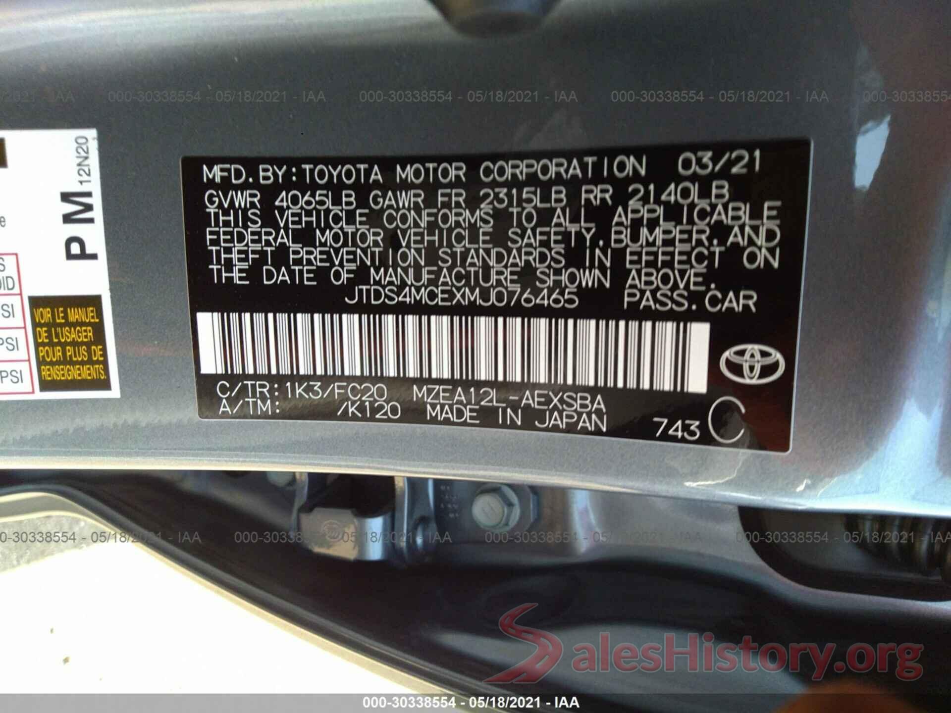 JTDS4MCEXMJ076465 2021 TOYOTA COROLLA