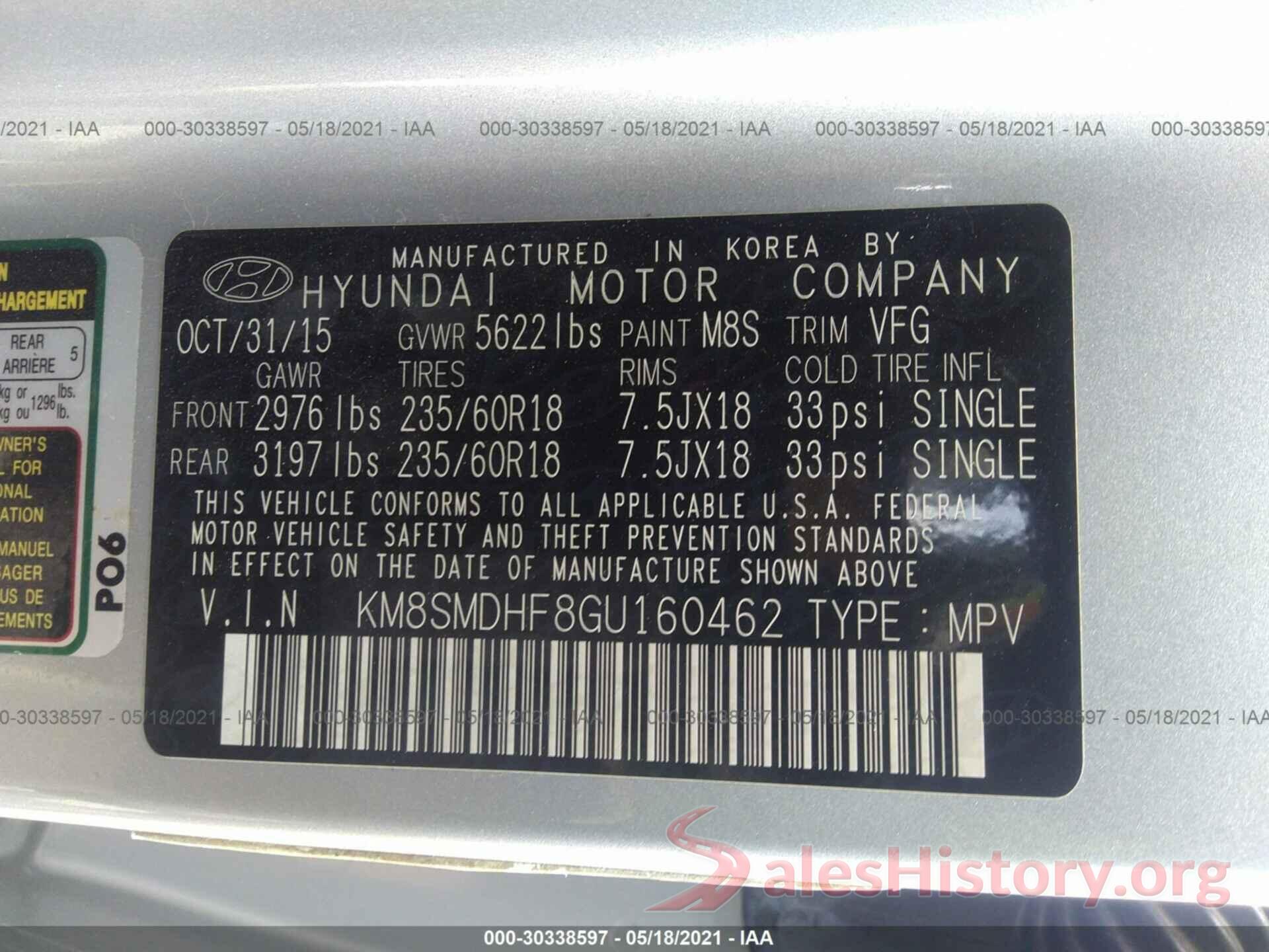 KM8SMDHF8GU160462 2016 HYUNDAI SANTA FE