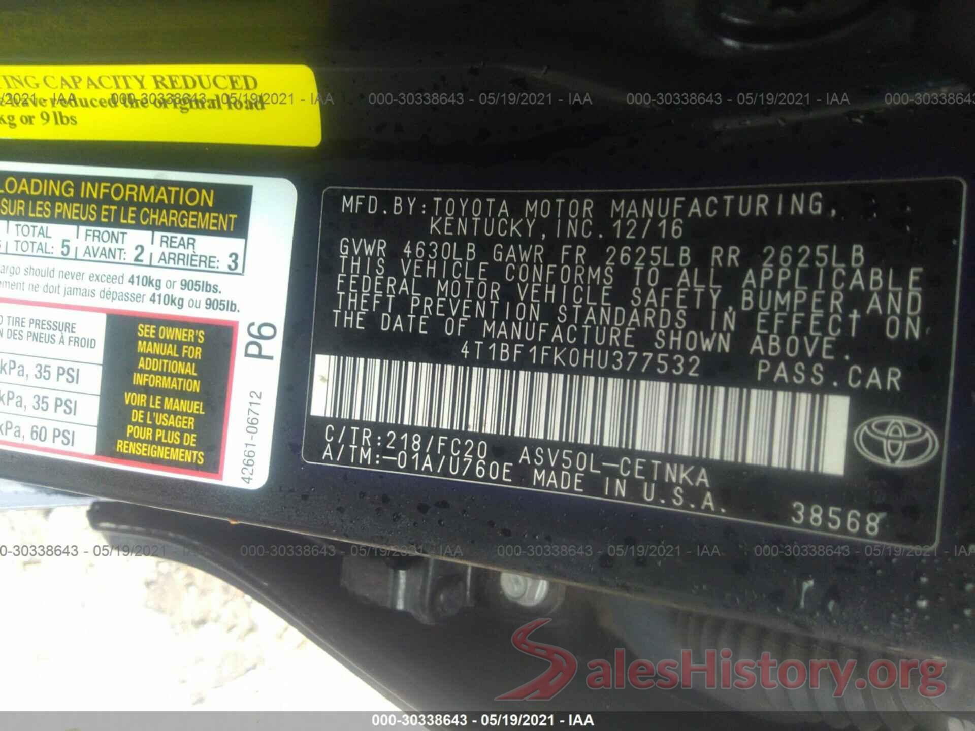 4T1BF1FK0HU377532 2017 TOYOTA CAMRY