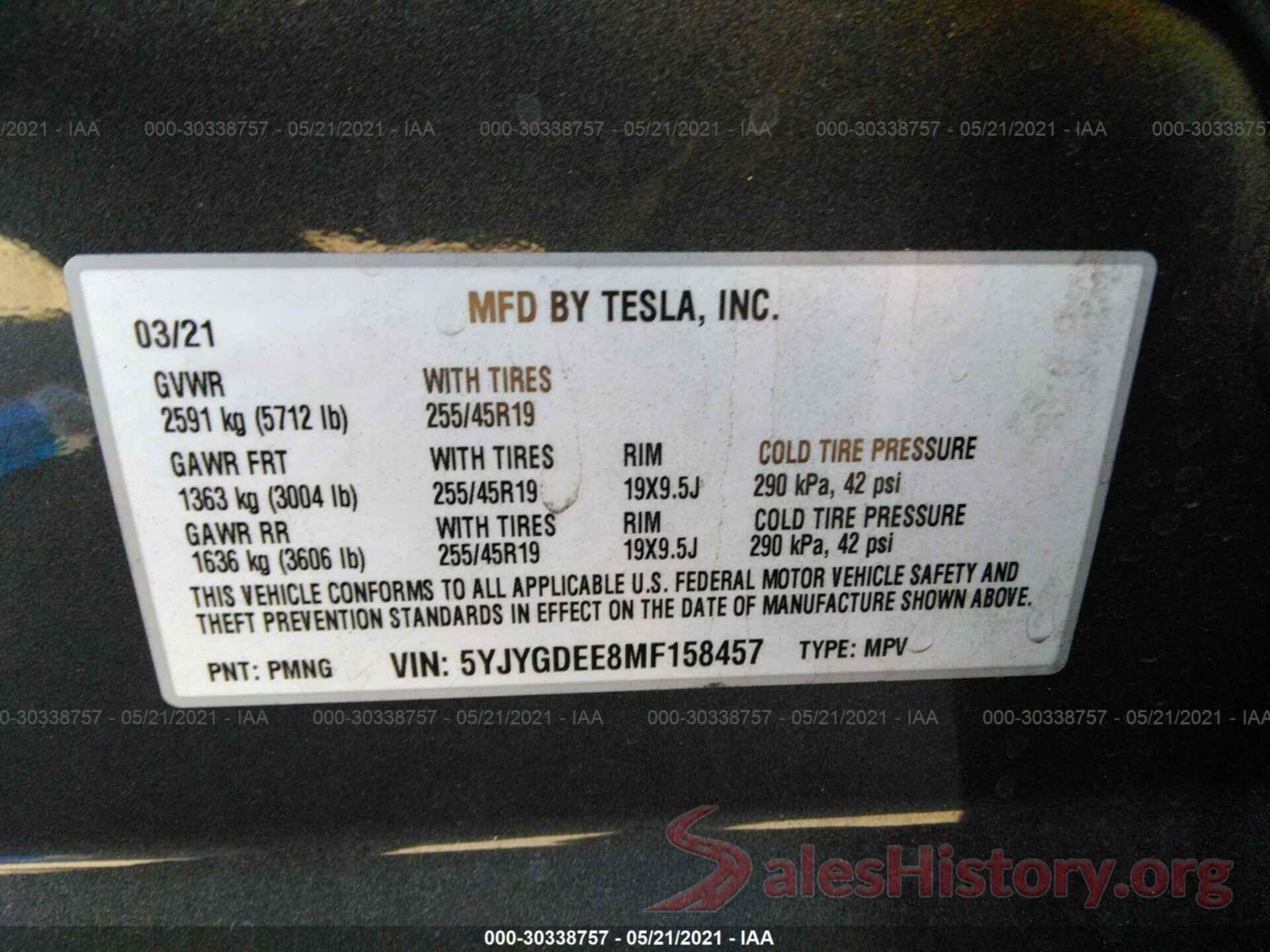 5YJYGDEE8MF158457 2021 TESLA MODEL Y