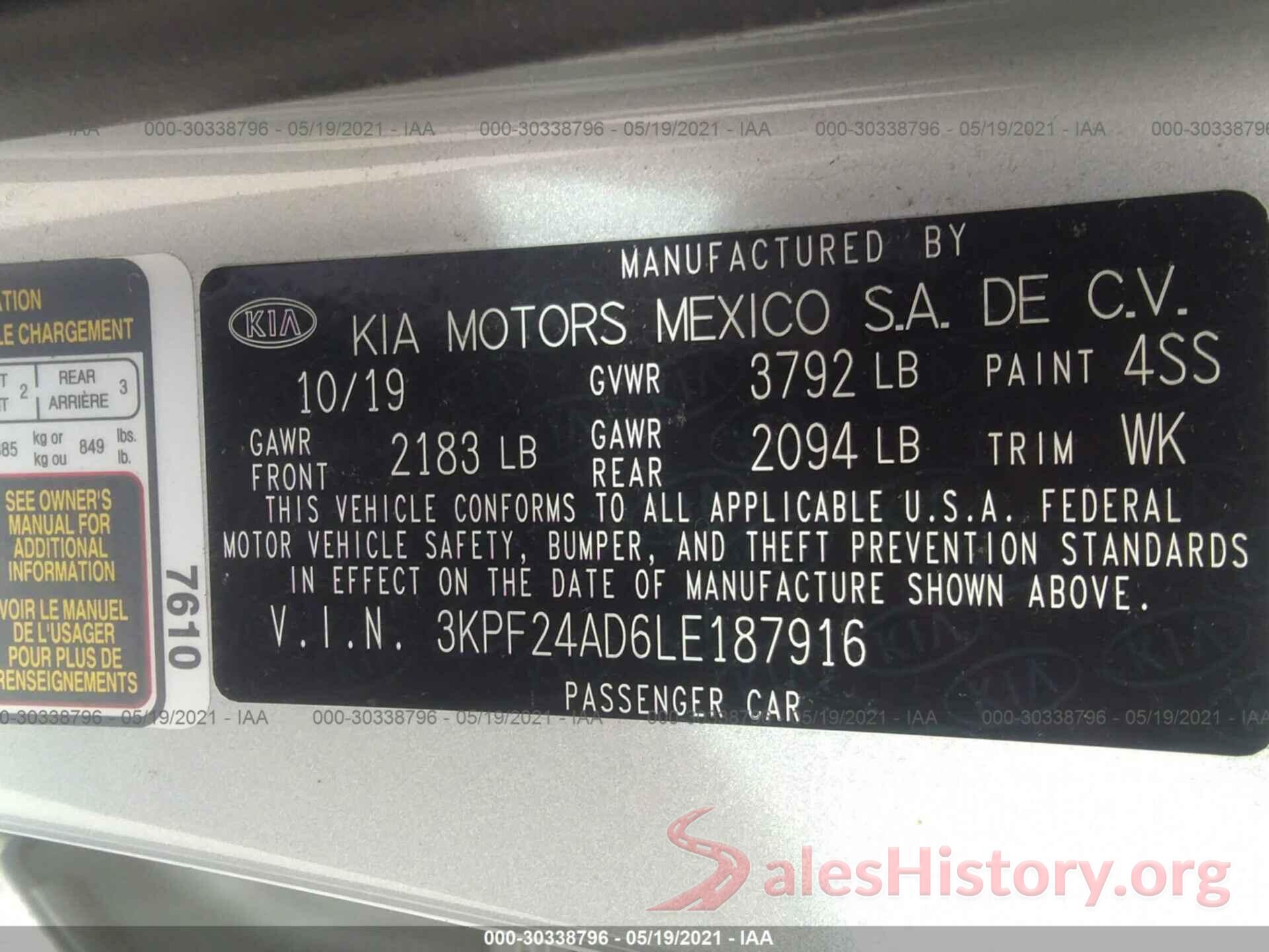 3KPF24AD6LE187916 2020 KIA FORTE