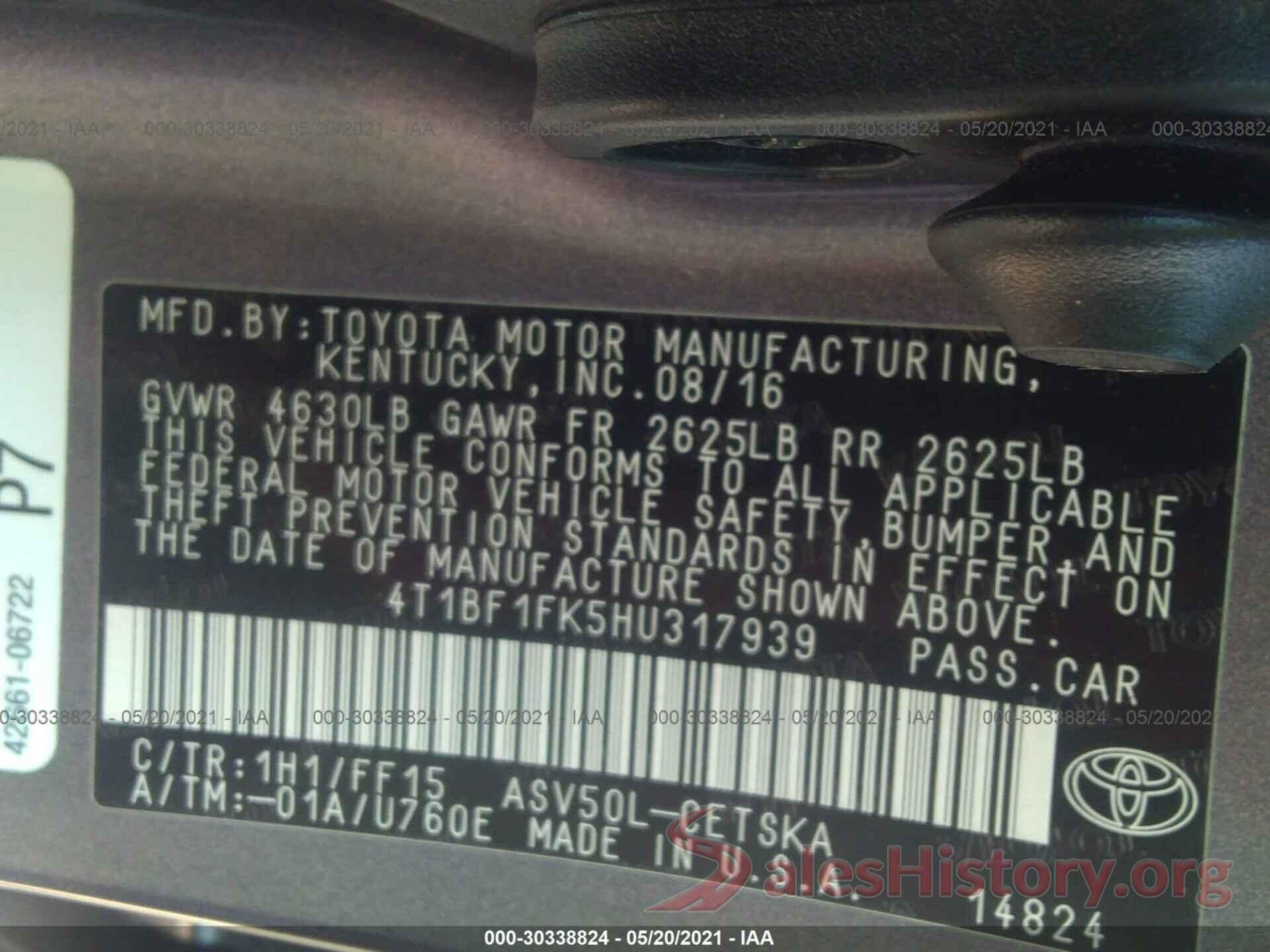 4T1BF1FK5HU317939 2017 TOYOTA CAMRY