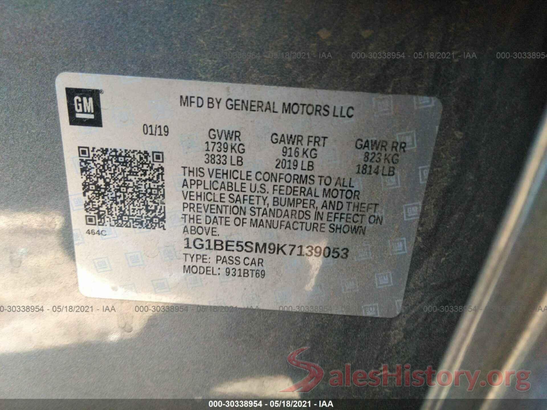 1G1BE5SM9K7139053 2019 CHEVROLET CRUZE