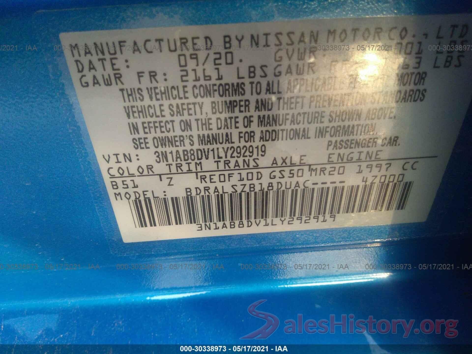 3N1AB8DV1LY292919 2020 NISSAN SENTRA