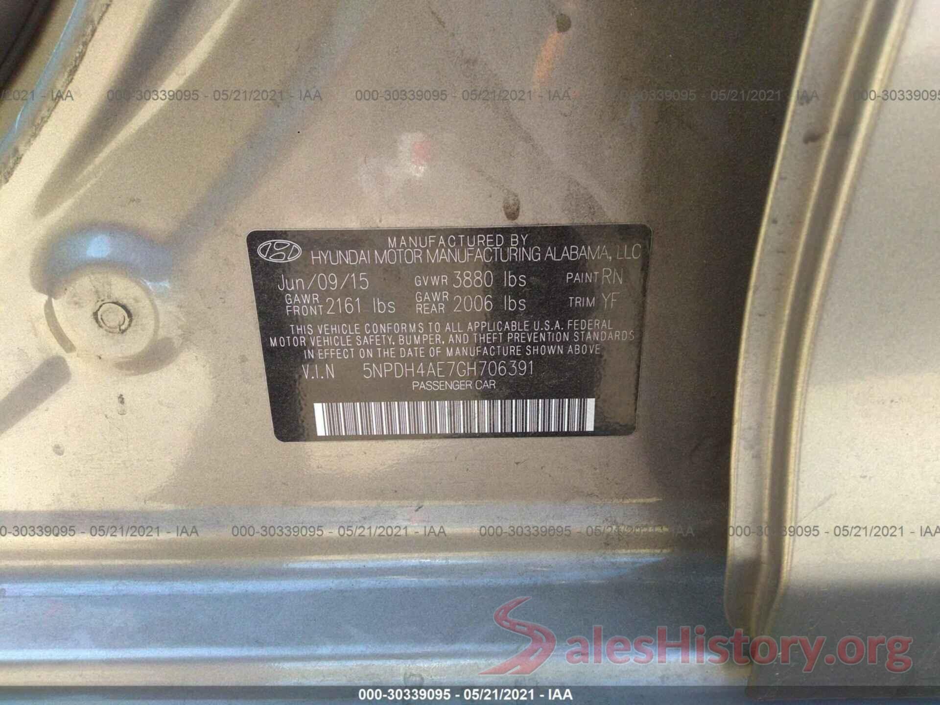 5NPDH4AE7GH706391 2016 HYUNDAI ELANTRA