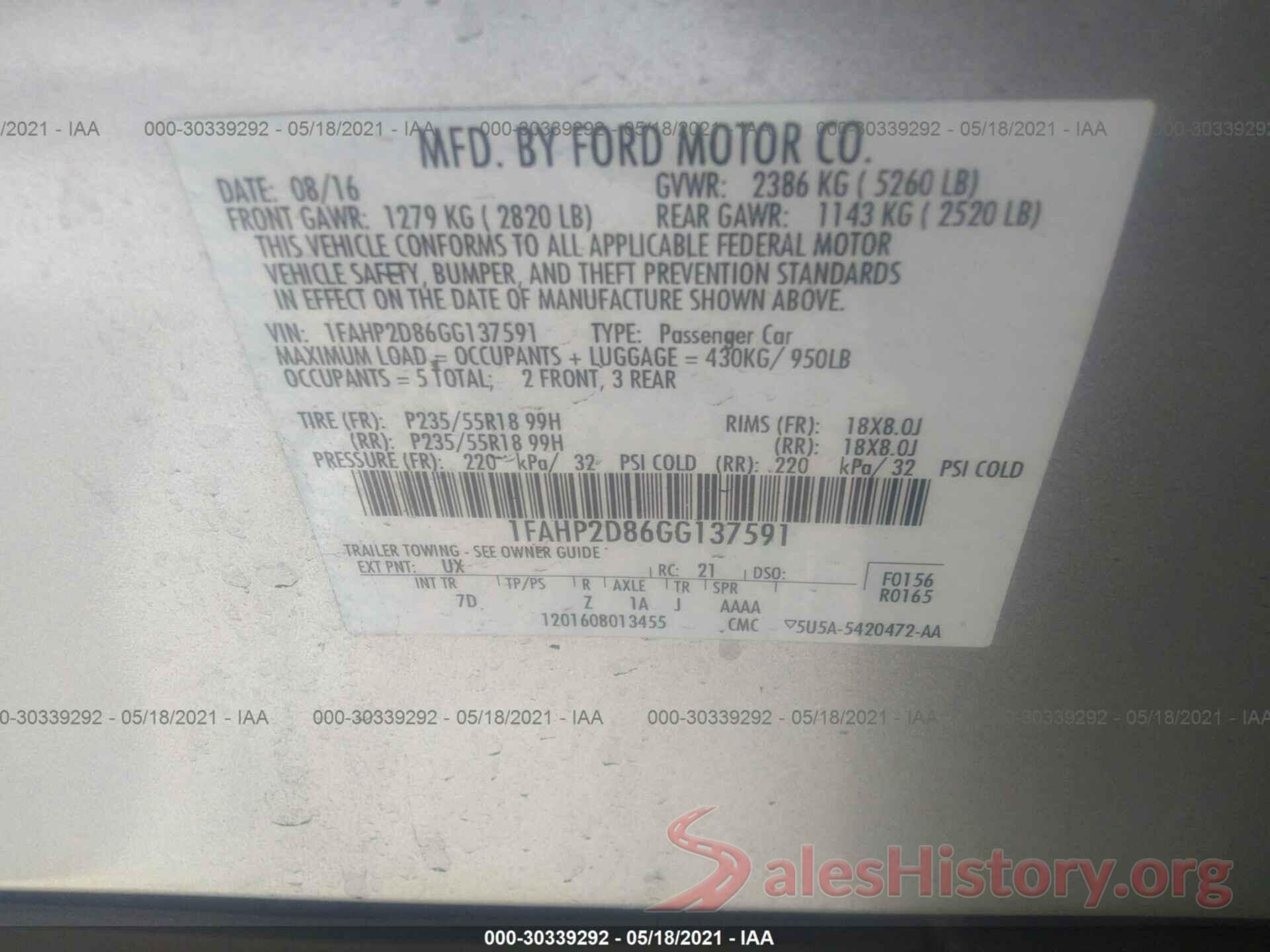 1FAHP2D86GG137591 2016 FORD TAURUS