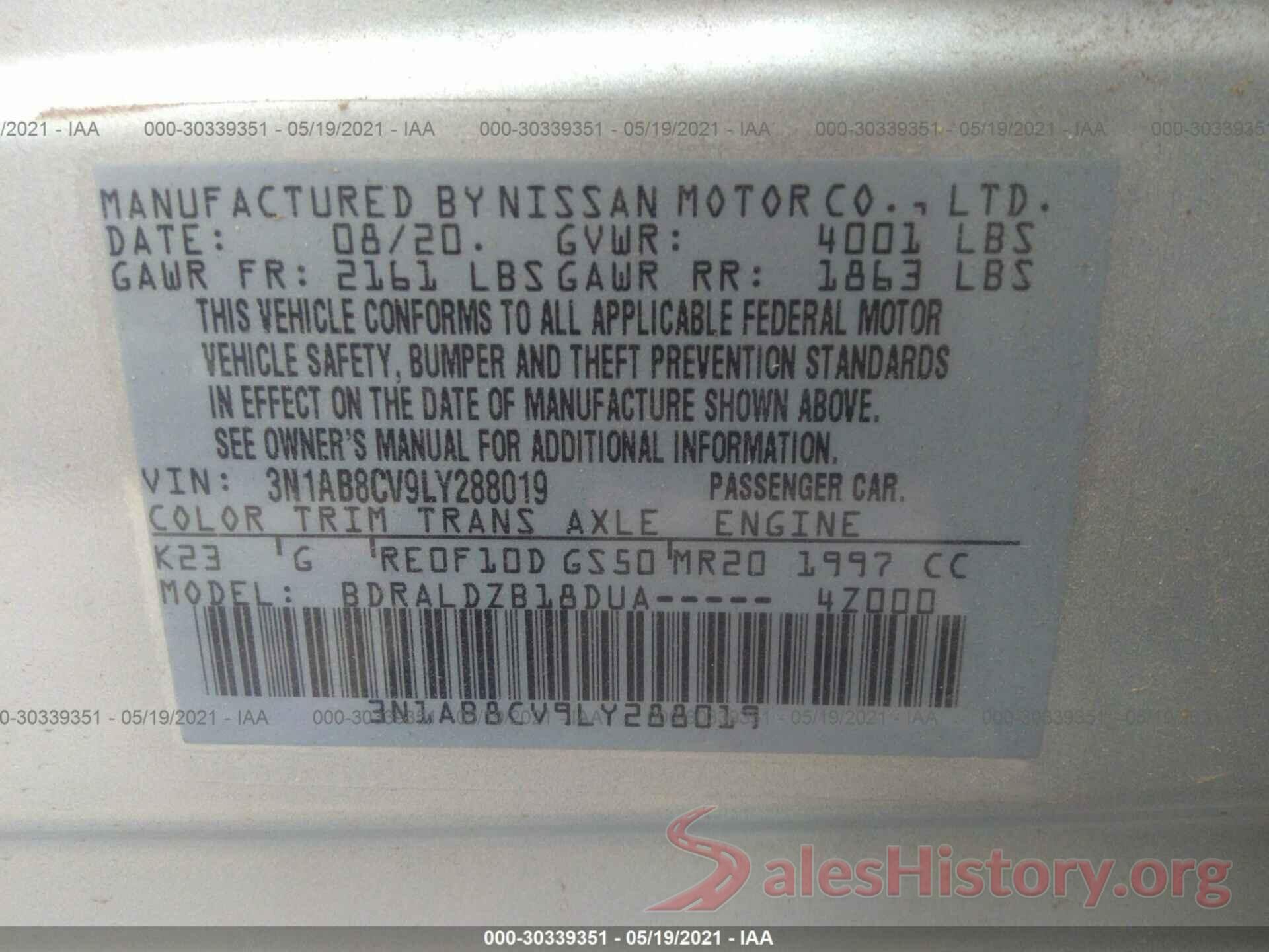 3N1AB8CV9LY288019 2020 NISSAN SENTRA