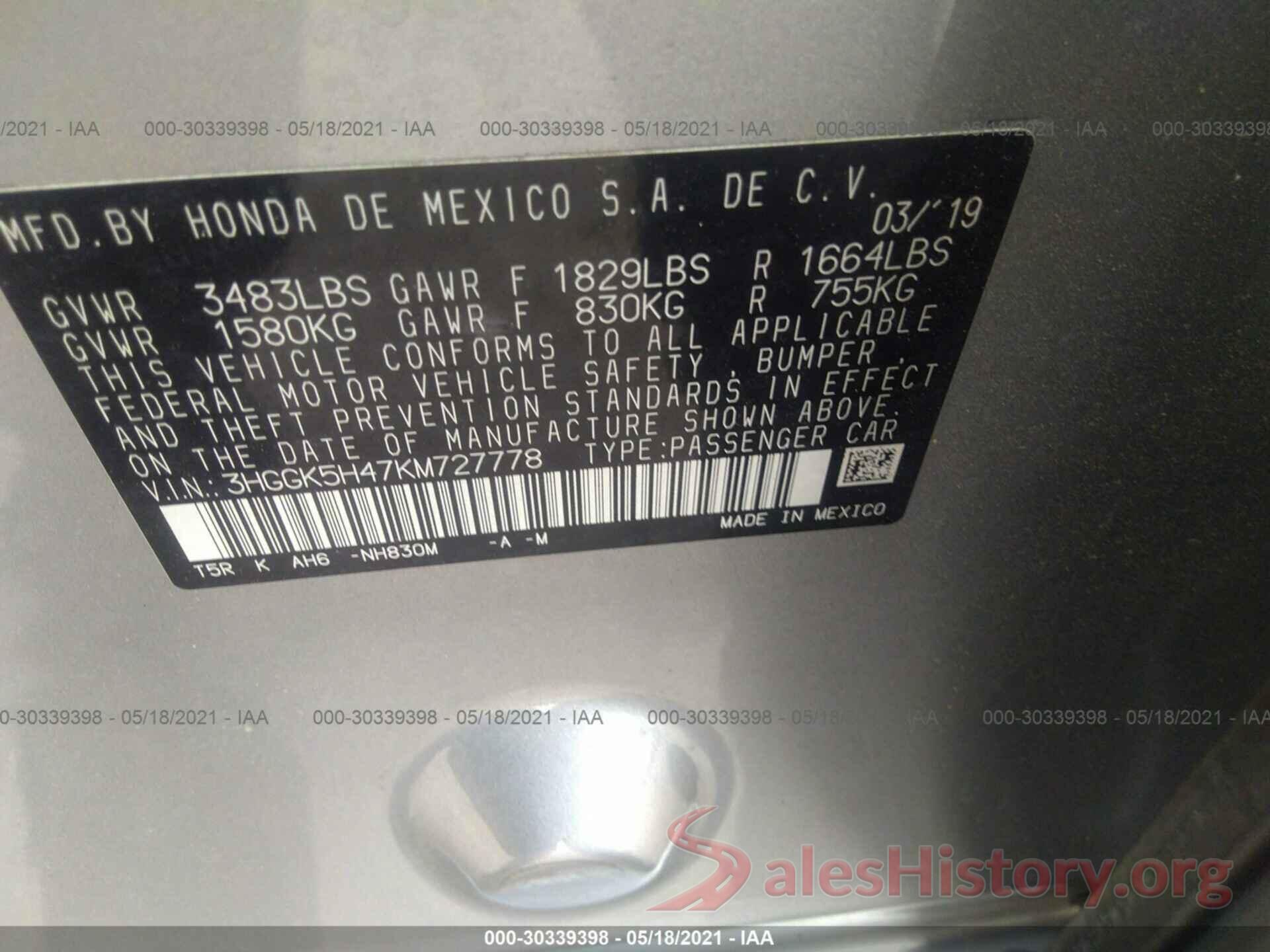 3HGGK5H47KM727778 2019 HONDA FIT