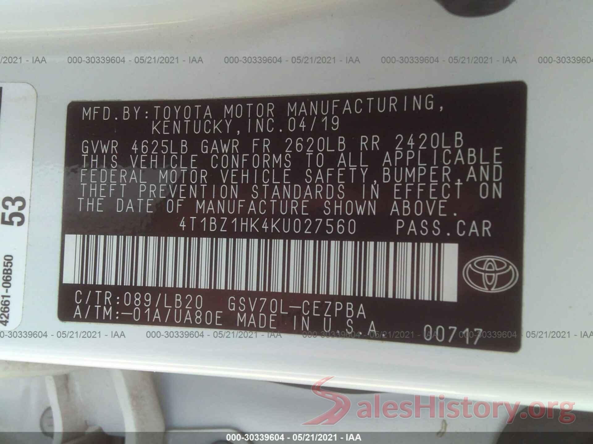 4T1BZ1HK4KU027560 2019 TOYOTA CAMRY