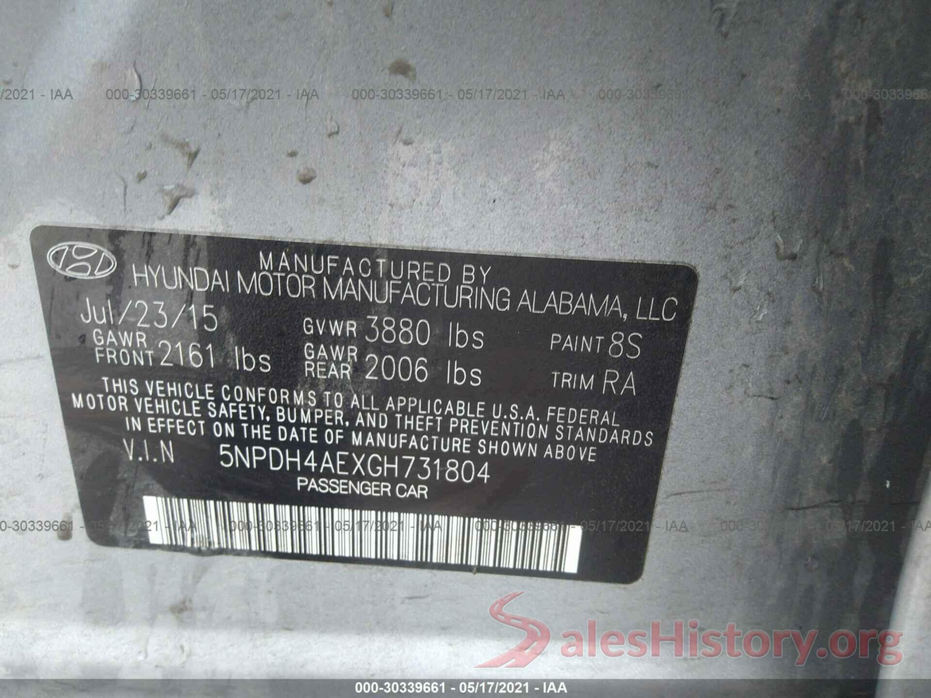 5NPDH4AEXGH731804 2016 HYUNDAI ELANTRA