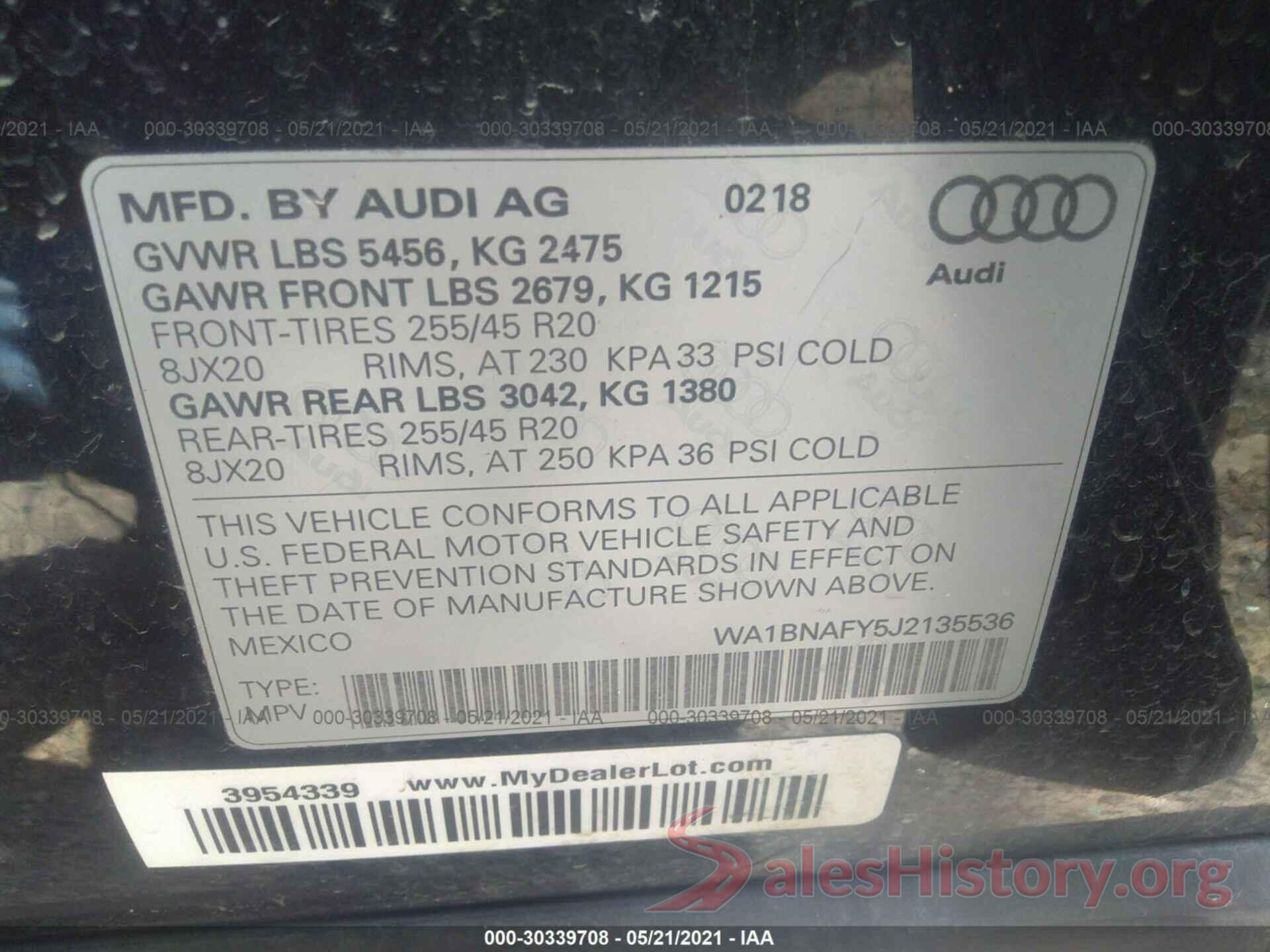 WA1BNAFY5J2135536 2018 AUDI Q5