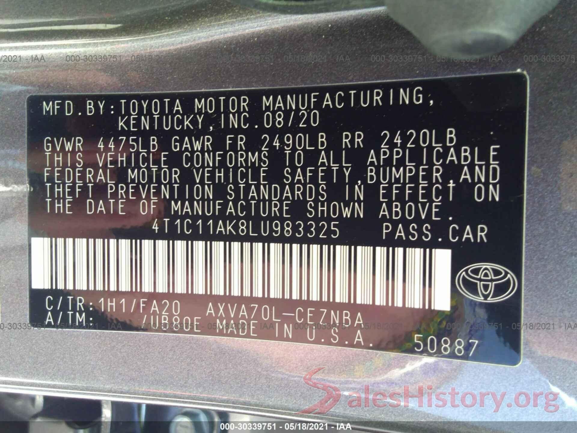 4T1C11AK8LU983325 2020 TOYOTA CAMRY