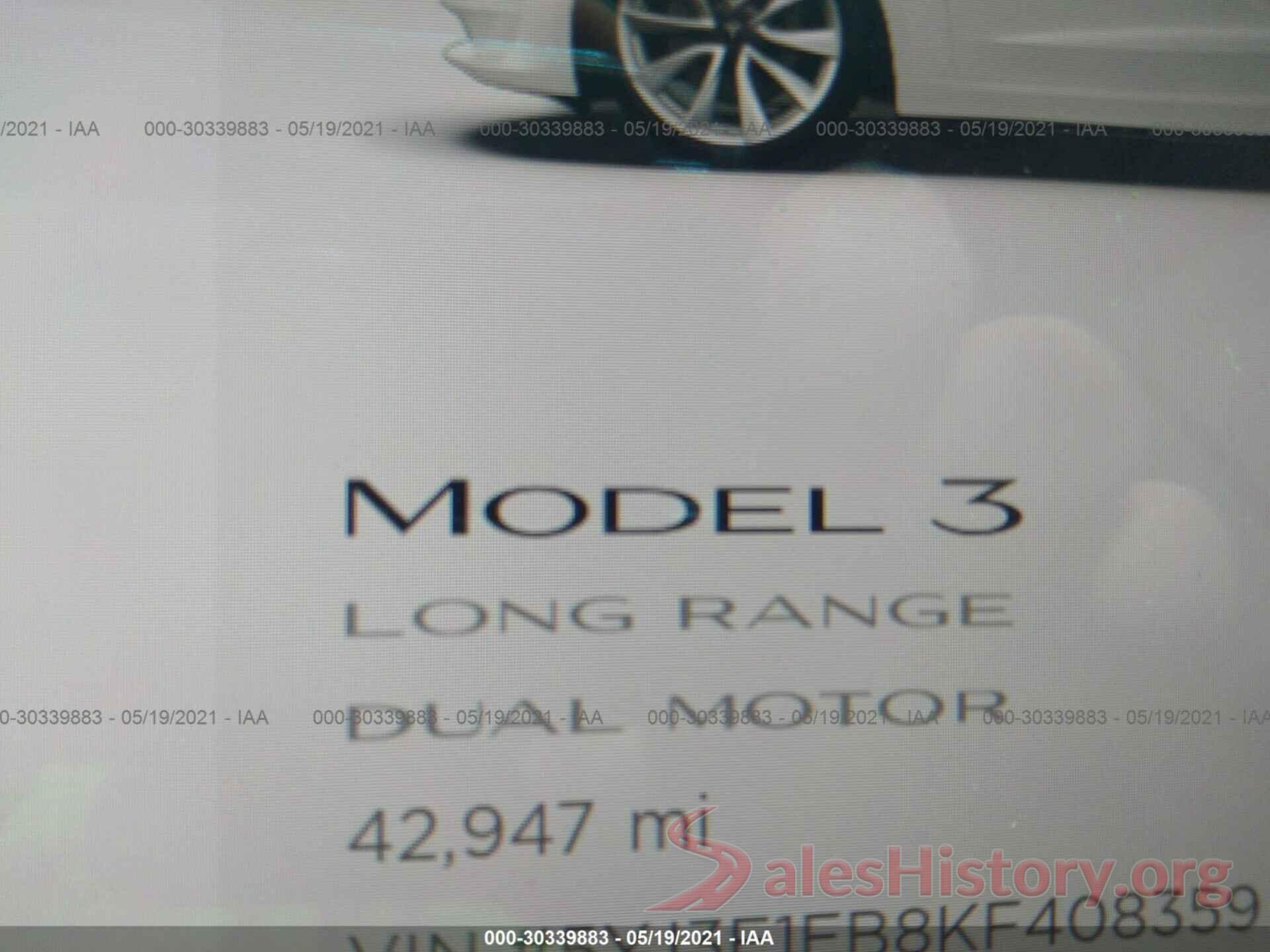 5YJ3E1EB8KF408359 2019 TESLA MODEL 3