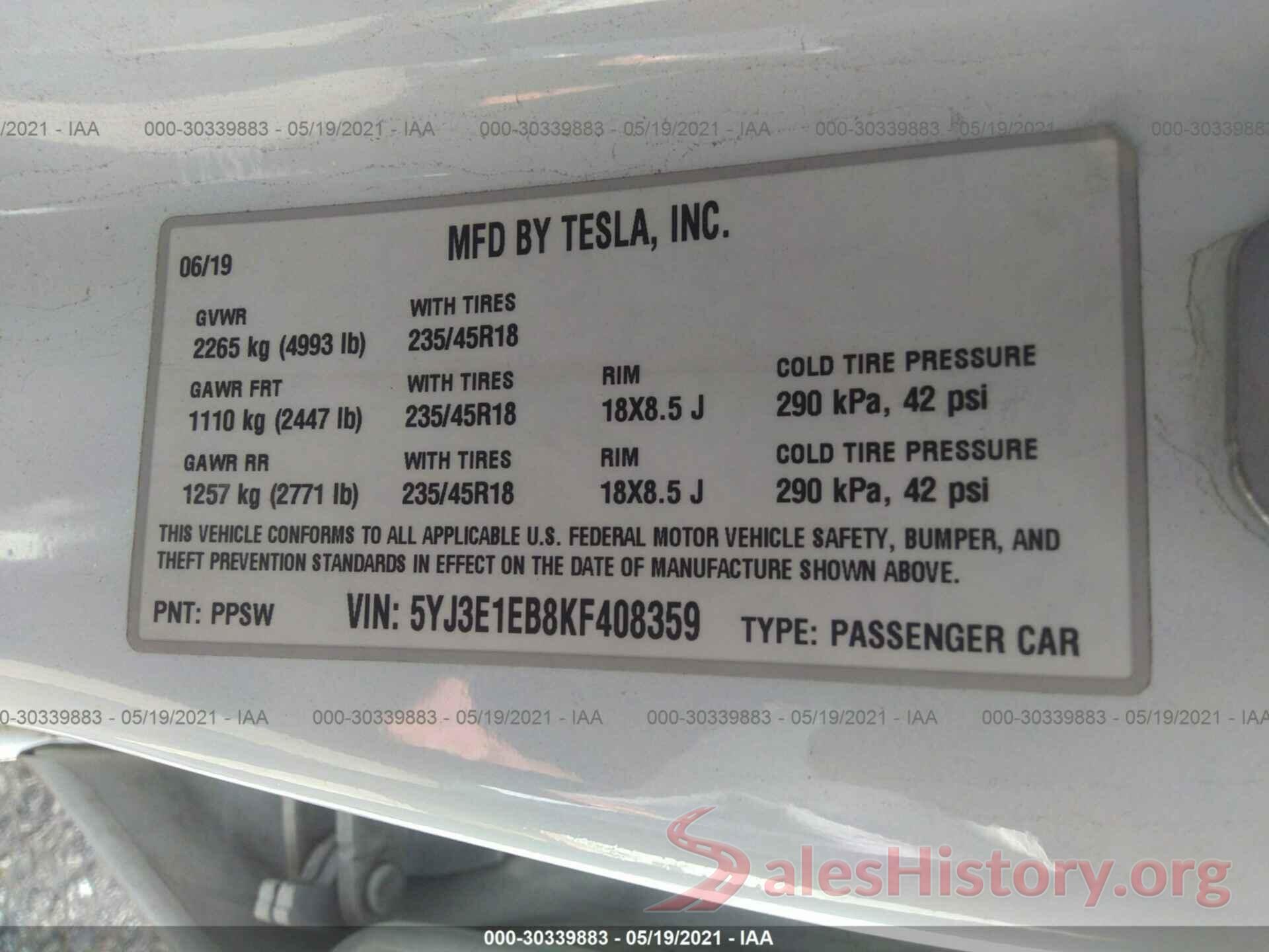 5YJ3E1EB8KF408359 2019 TESLA MODEL 3