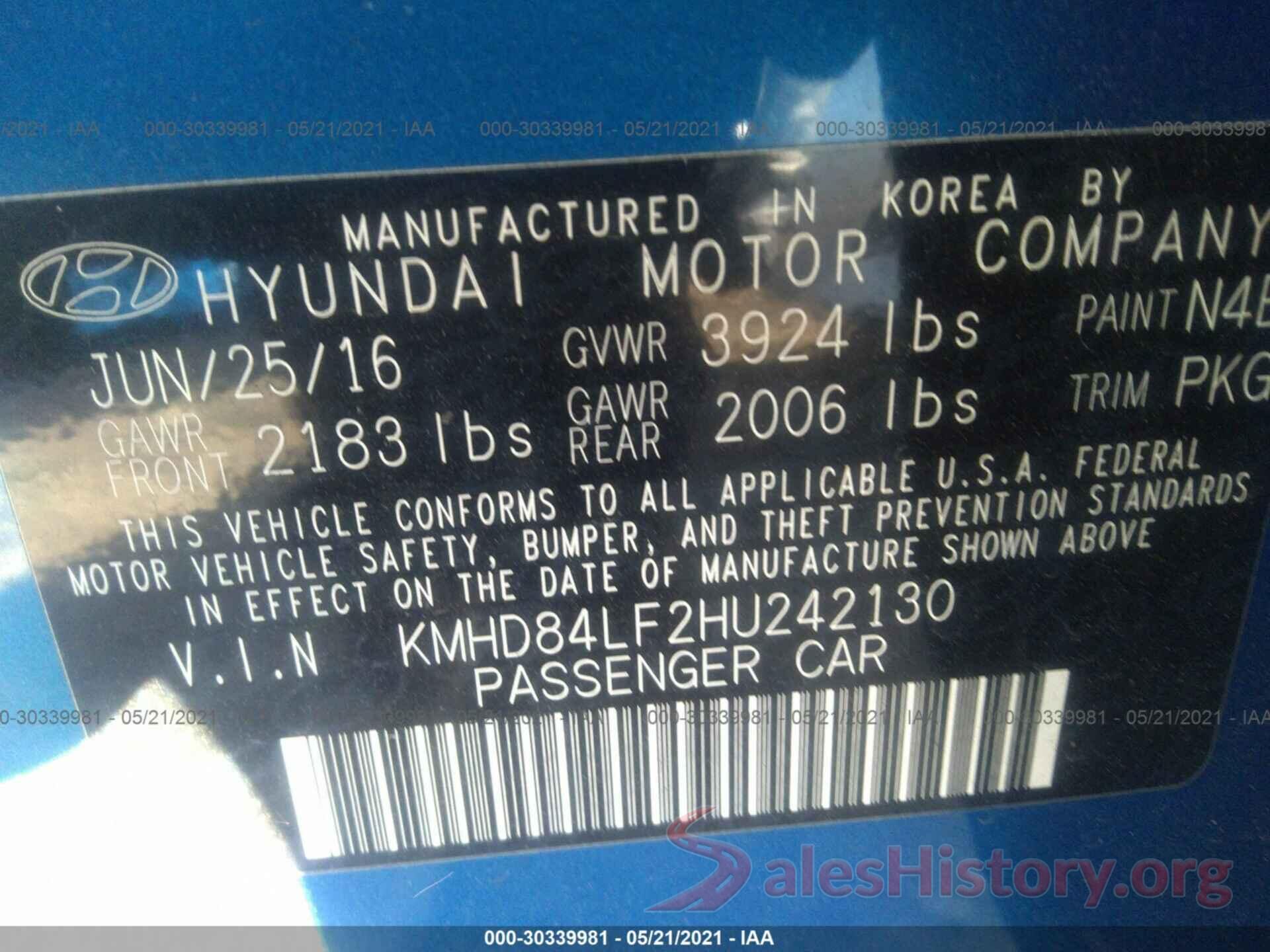 KMHD84LF2HU242130 2017 HYUNDAI ELANTRA