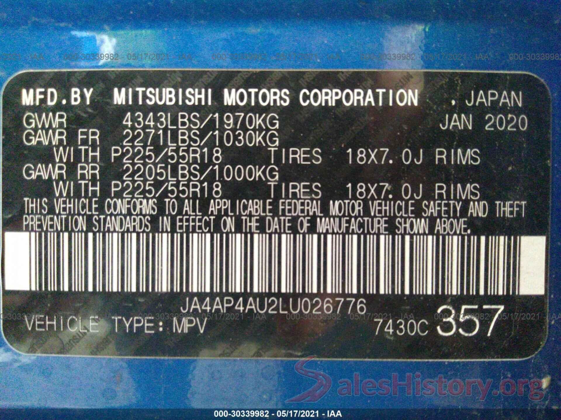 JA4AP4AU2LU026776 2020 MITSUBISHI OUTLANDER SPORT