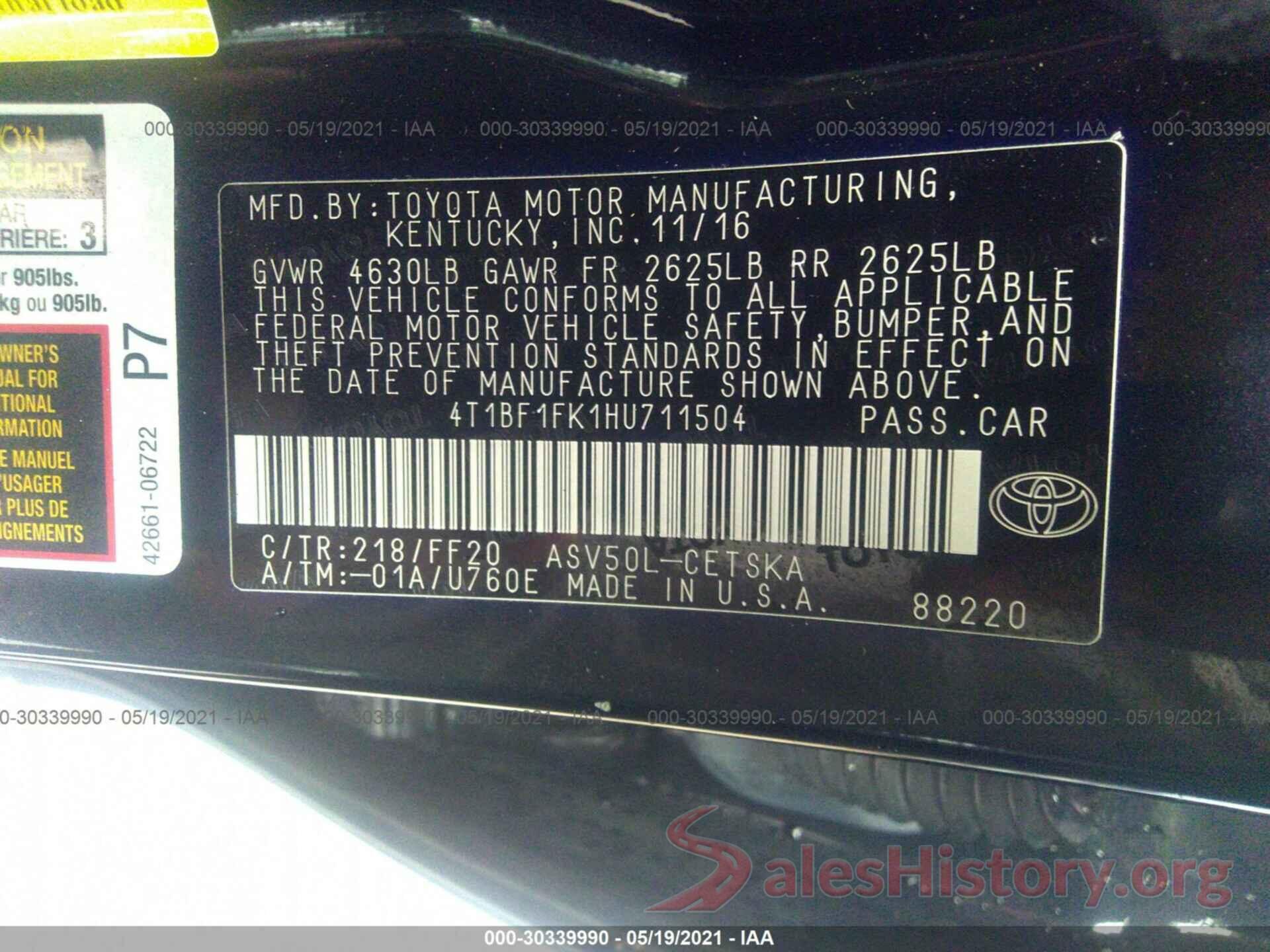 4T1BF1FK1HU711504 2017 TOYOTA CAMRY