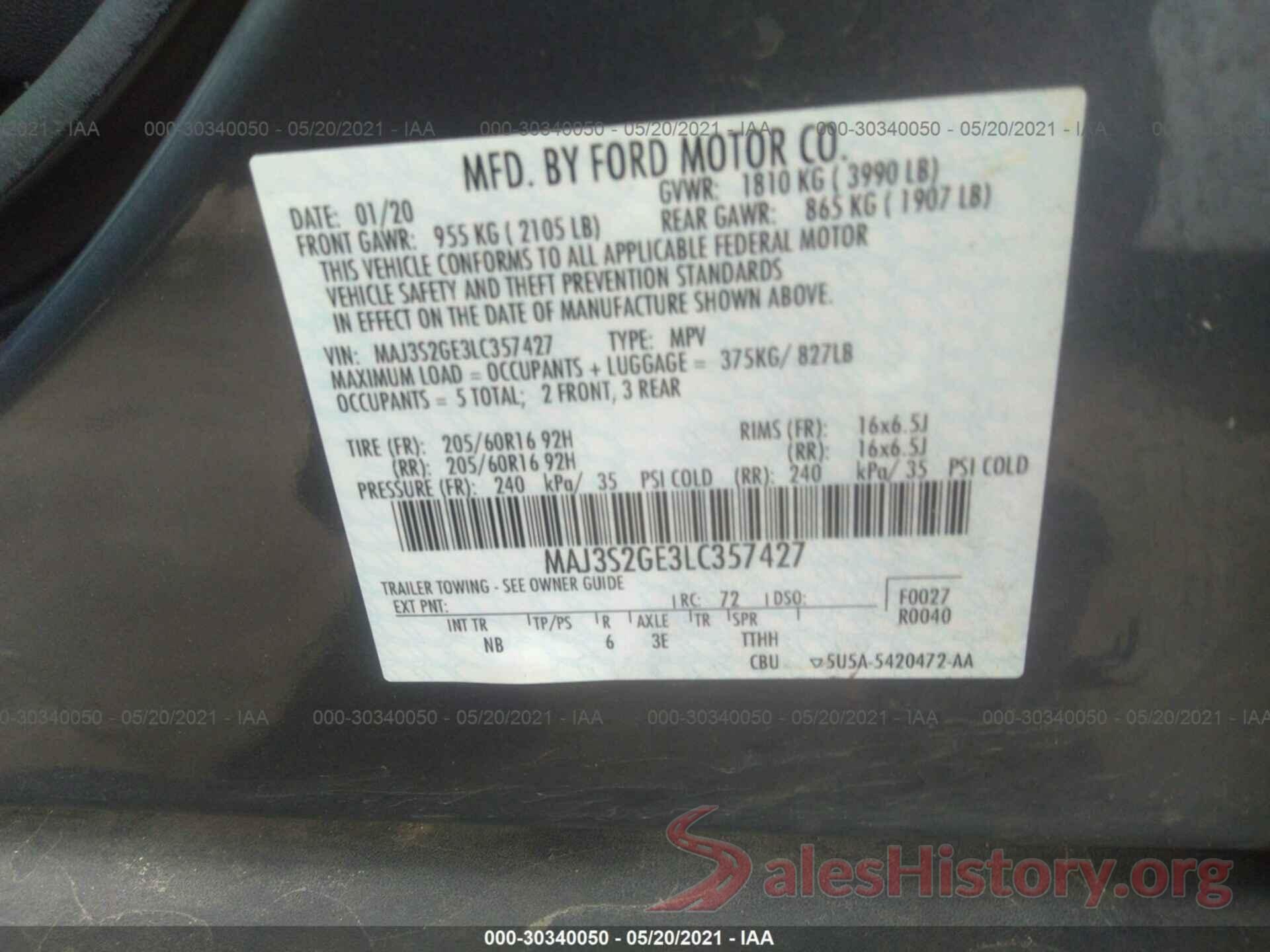 MAJ3S2GE3LC357427 2020 FORD ECOSPORT