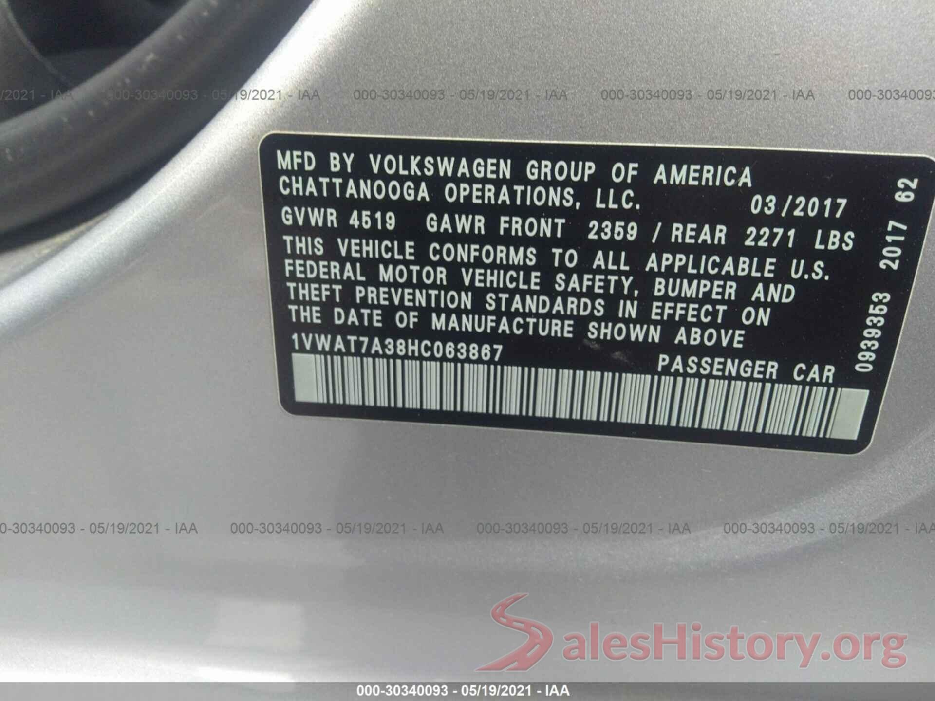 1VWAT7A38HC063867 2017 VOLKSWAGEN PASSAT