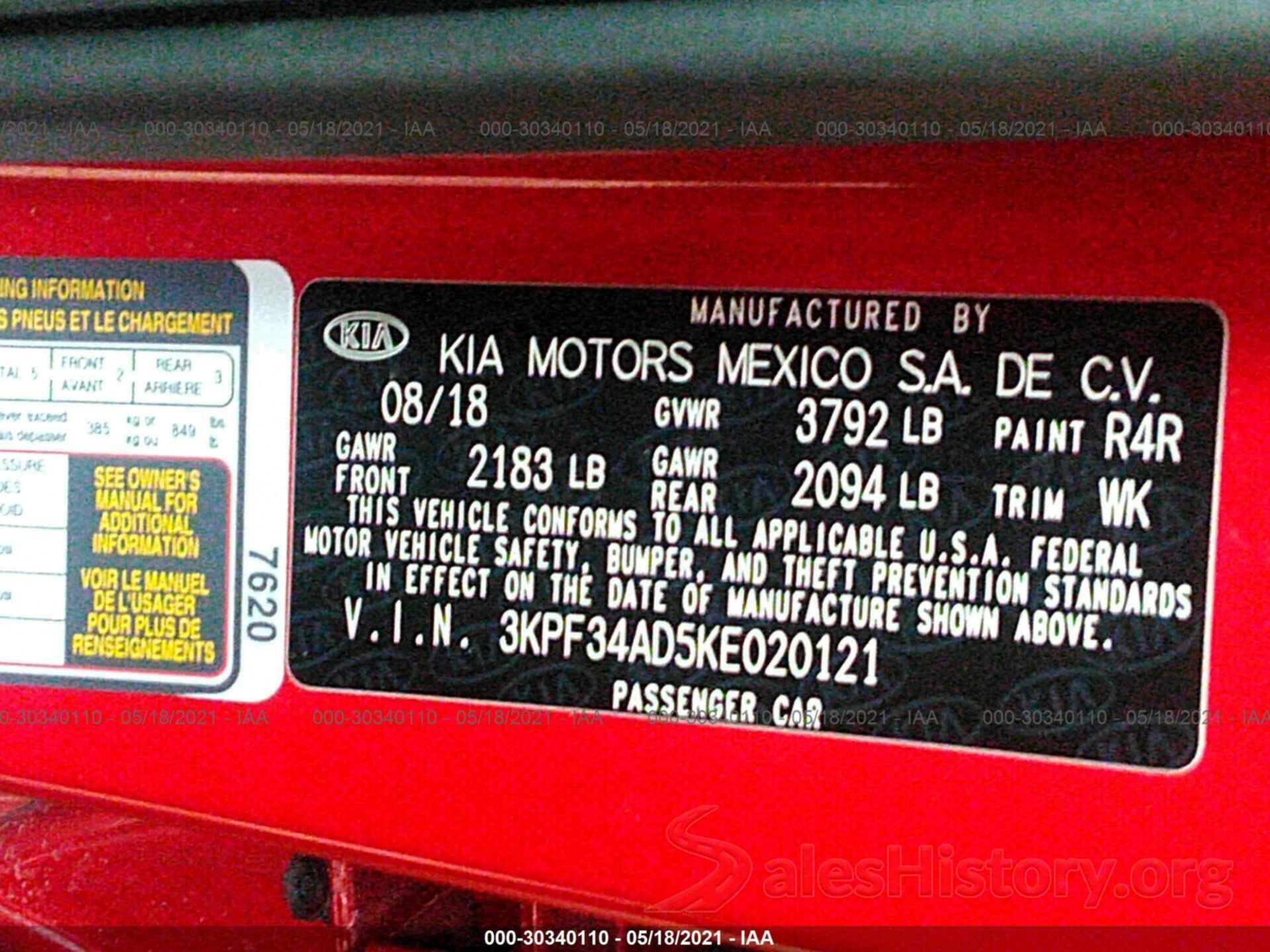 3KPF34AD5KE020121 2019 KIA FORTE