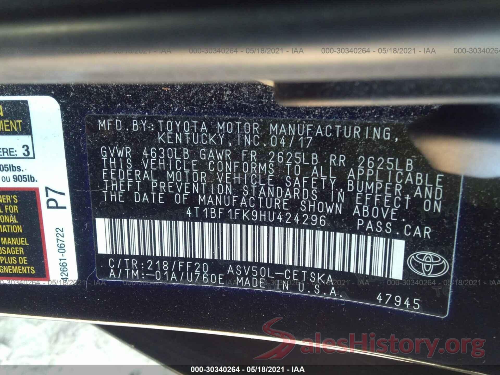 4T1BF1FK9HU424296 2017 TOYOTA CAMRY