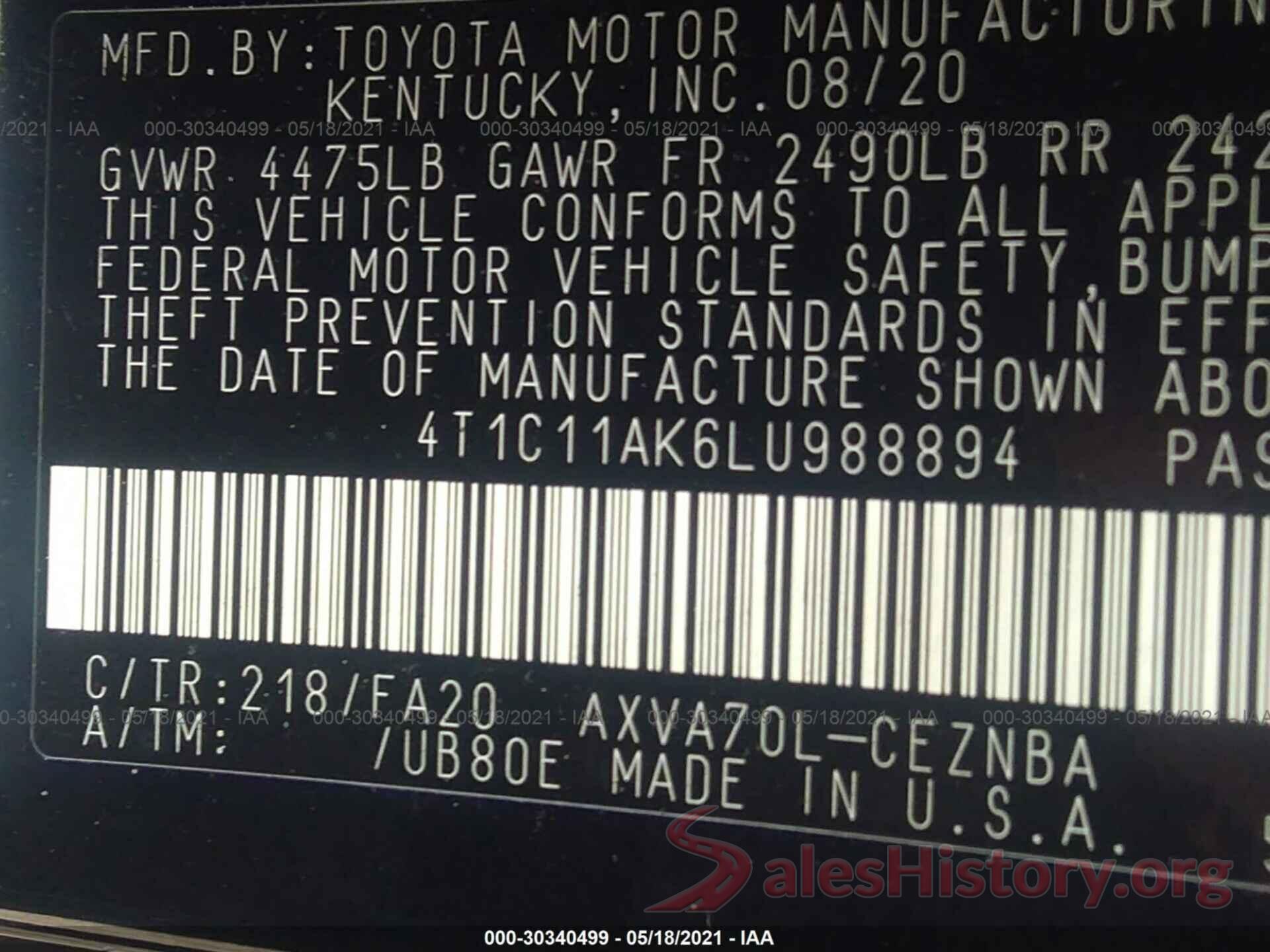 4T1C11AK6LU988894 2020 TOYOTA CAMRY