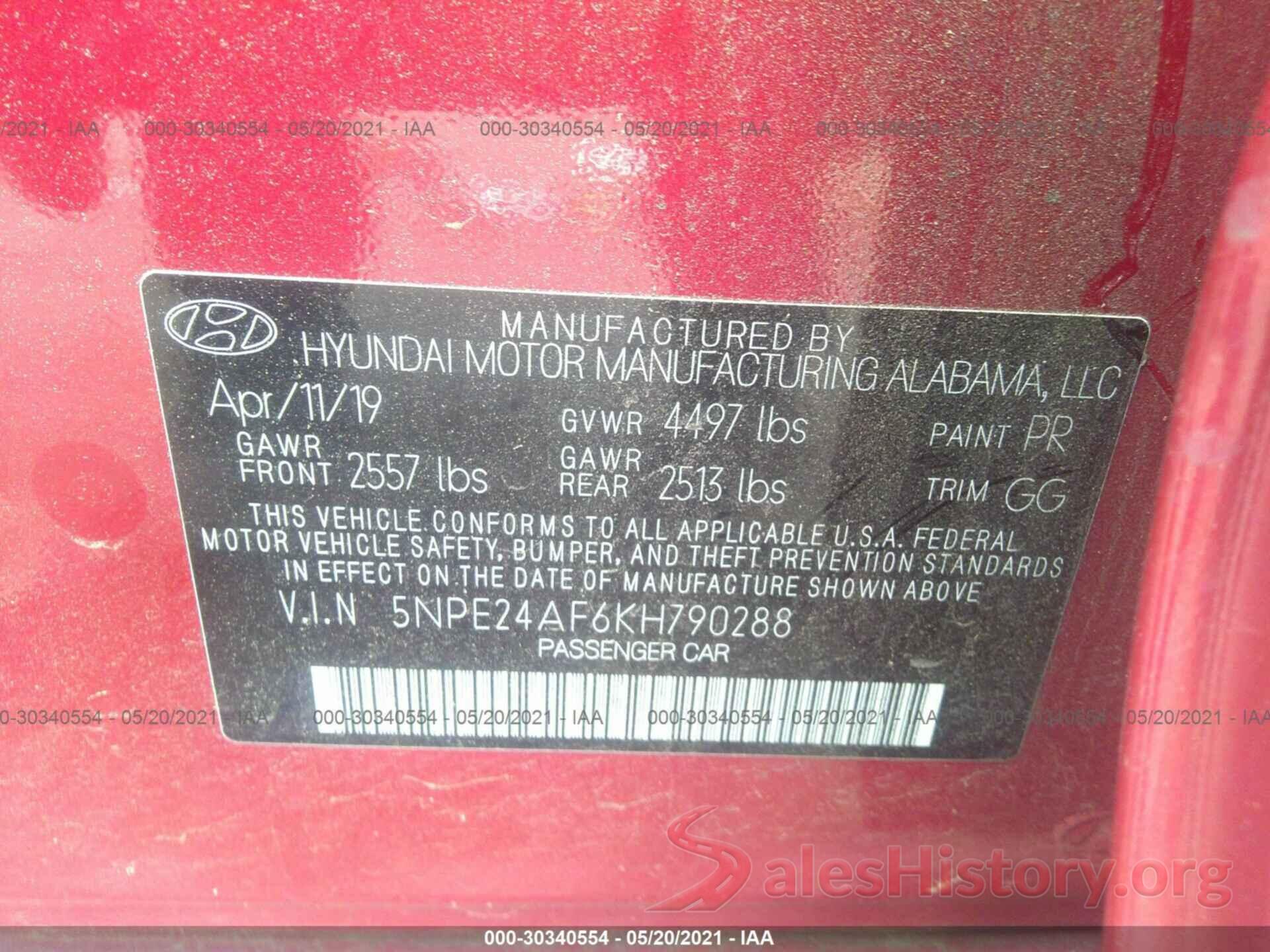 5NPE24AF6KH790288 2019 HYUNDAI SONATA