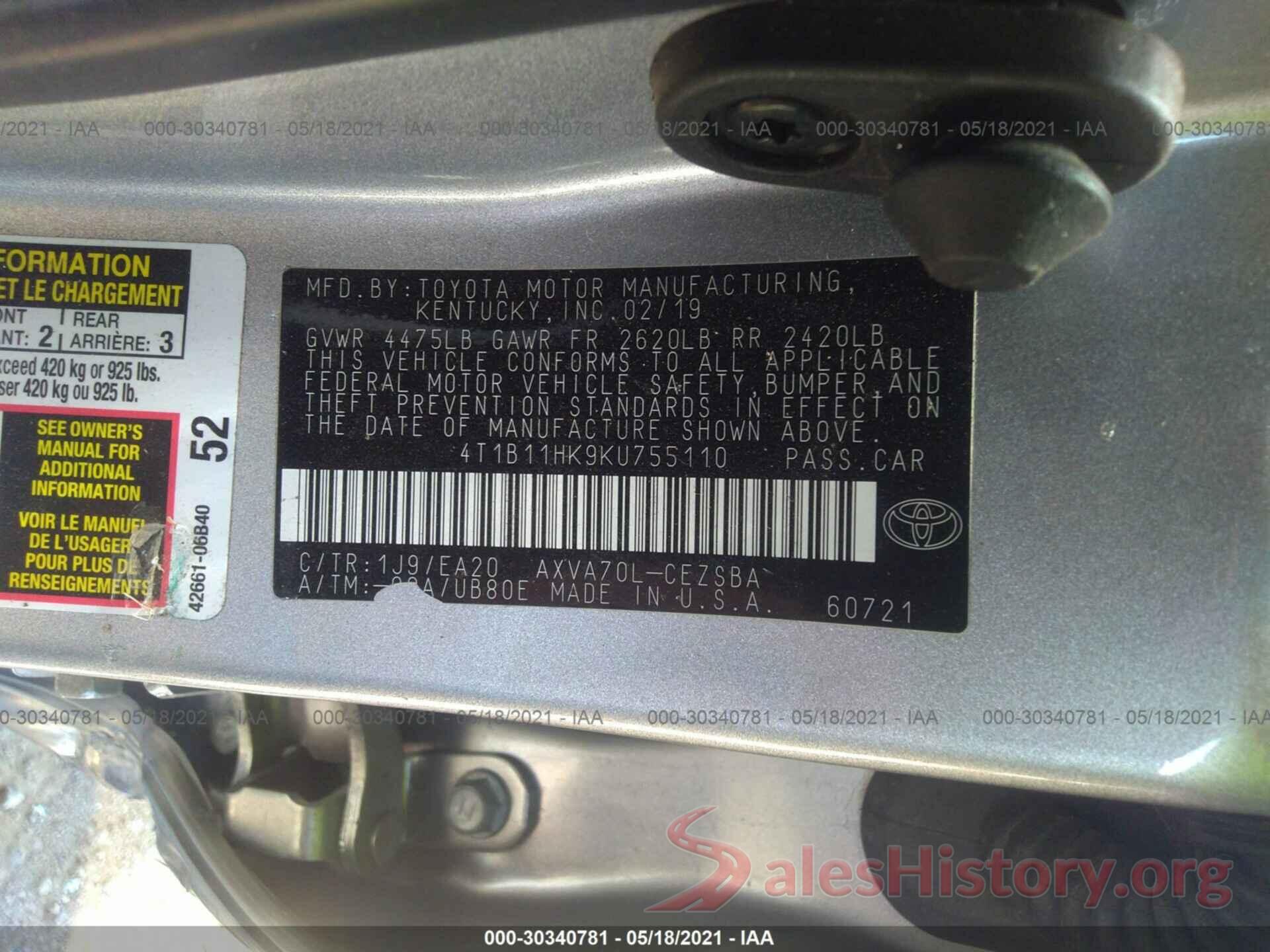 4T1B11HK9KU755110 2019 TOYOTA CAMRY