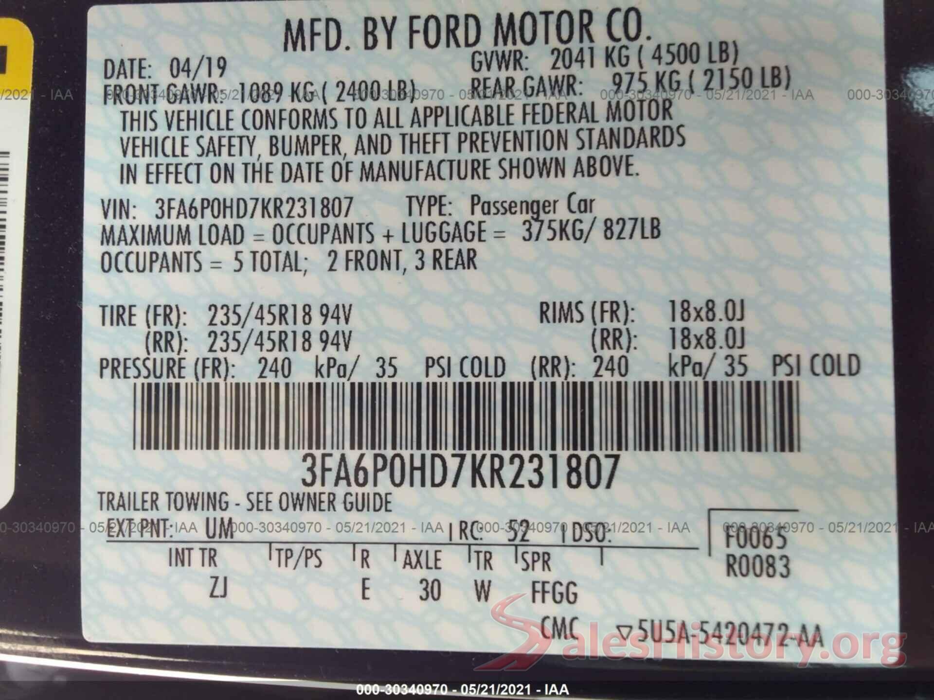 3FA6P0HD7KR231807 2019 FORD FUSION